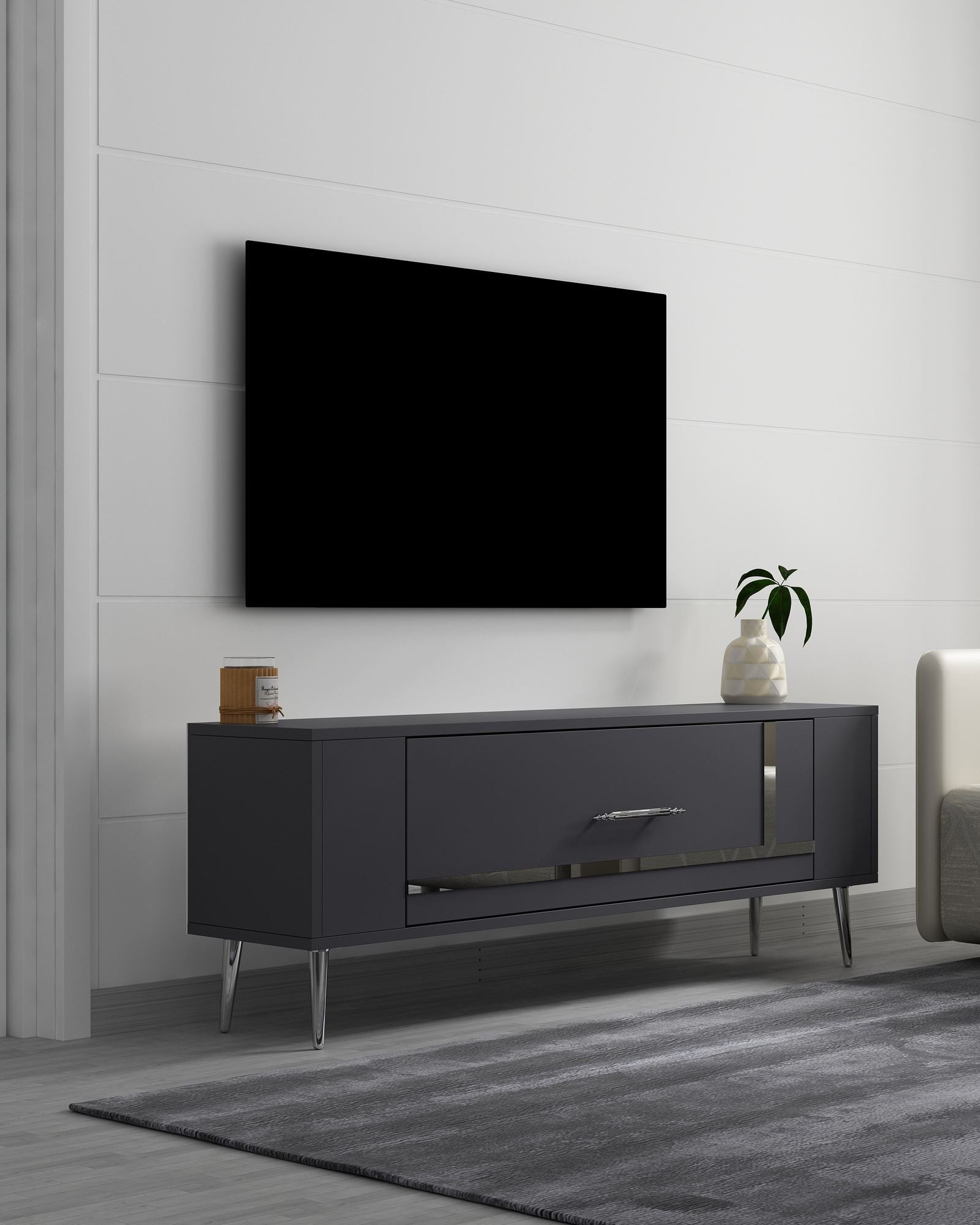 Móvel de TV – 120 cm x 48,2 cm x 26,4 cm – Antracite e Prata – Painéis de partículas revestidos a melamina