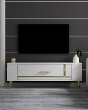 Móvel de TV – 120 cm x 48,2 cm x 26,4 cm – Branco e dourado – Painéis de partículas revestidos a melamina