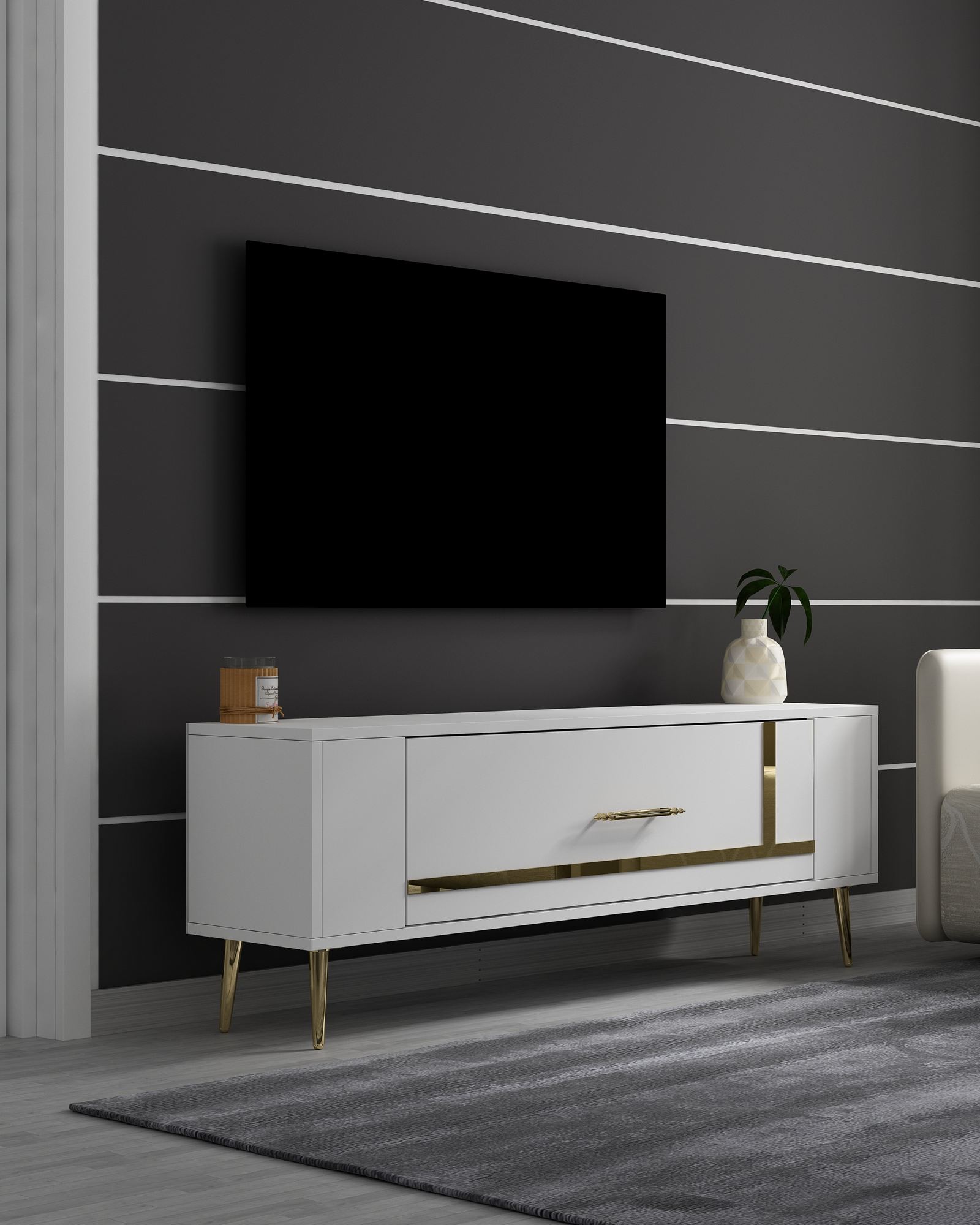 Móvel de TV – 120 cm x 48,2 cm x 26,4 cm – Branco e dourado – Painéis de partículas revestidos a melamina