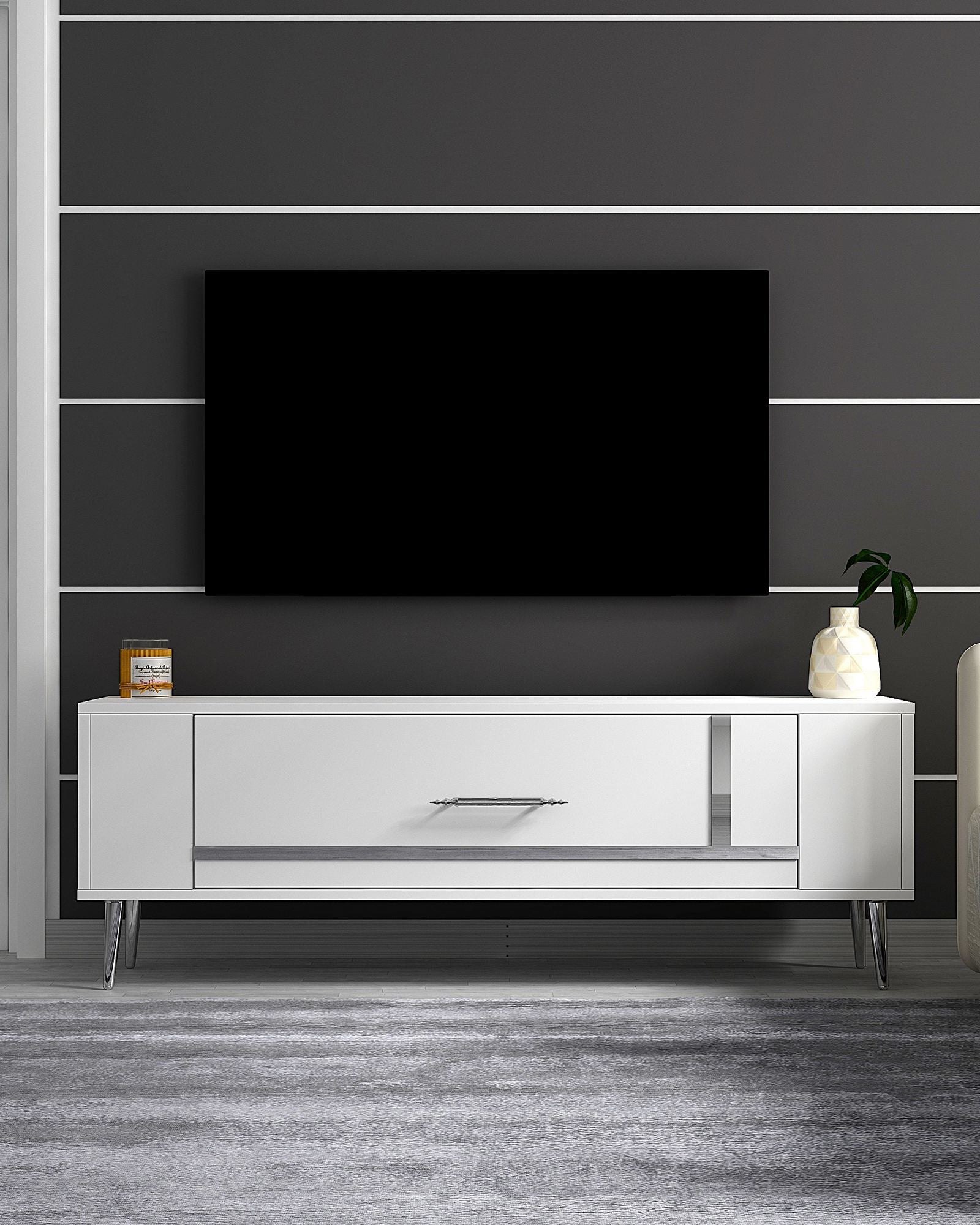 Móvel de TV – 120 cm x 48,2 cm x 26,4 cm – Branco e Prata – Painel de partículas revestido a melamina