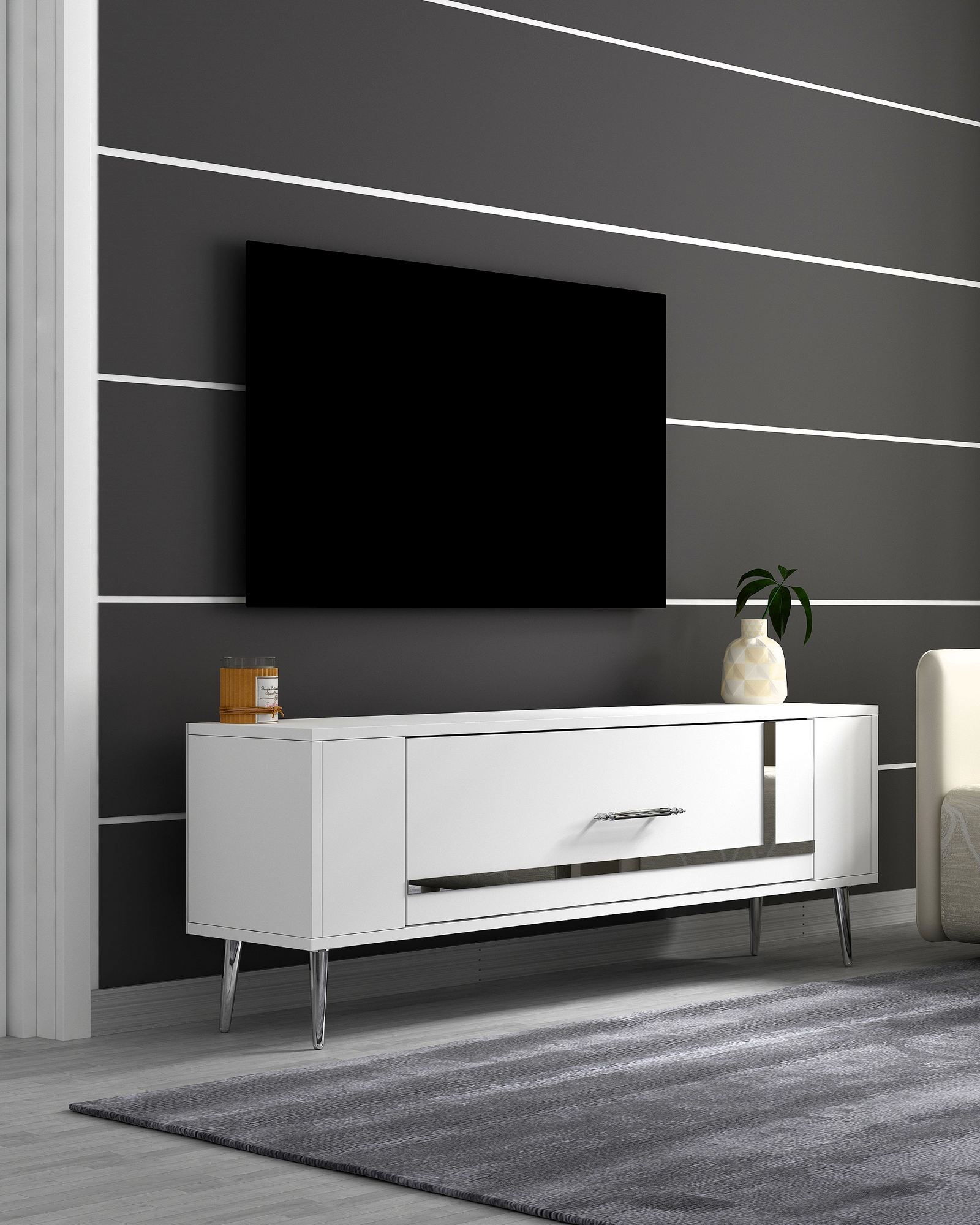 Móvel de TV – 120 cm x 48,2 cm x 26,4 cm – Branco e Prata – Painel de partículas revestido a melamina