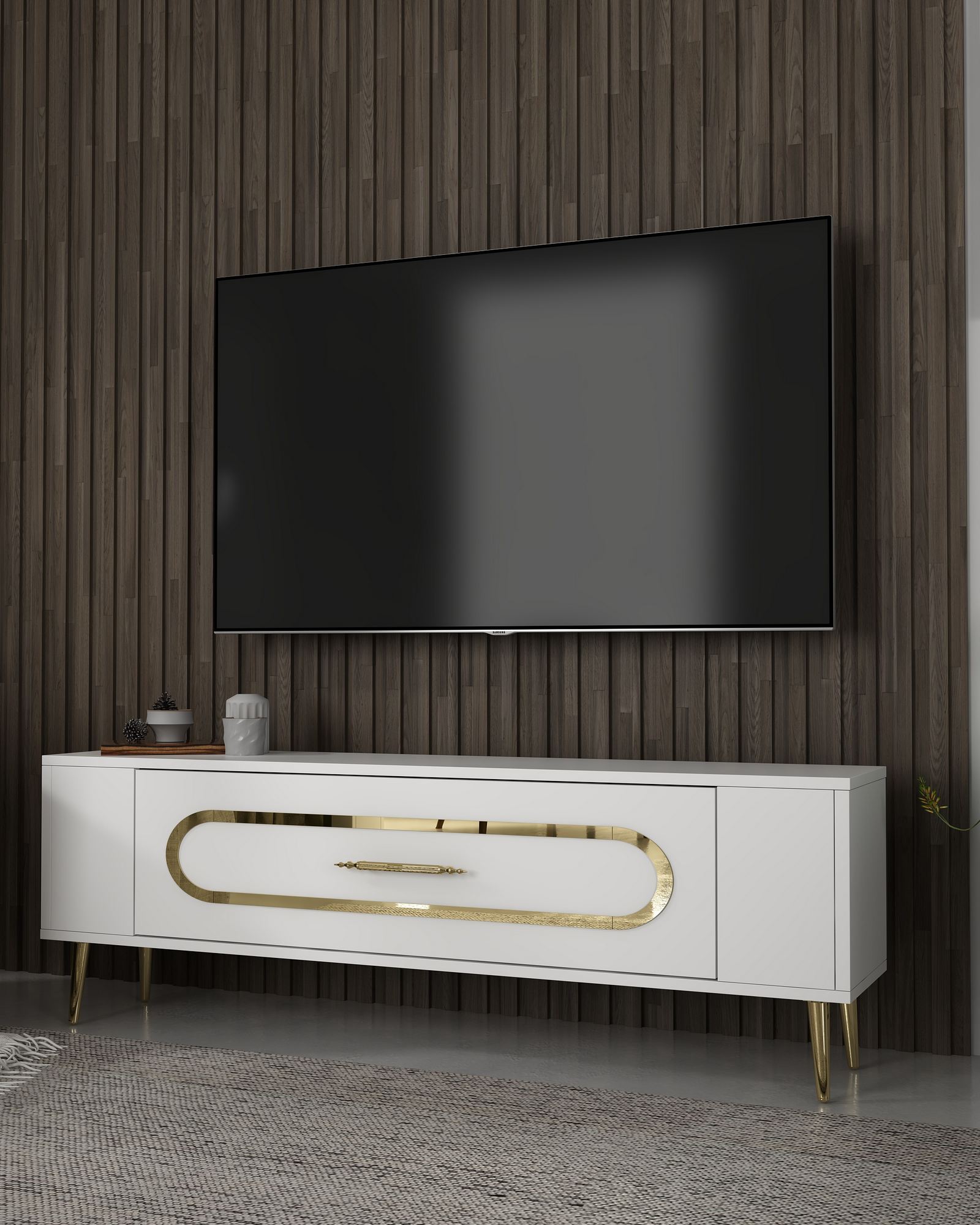 Móvel de TV – 120 cm x 48,2 cm x 26,4 cm – Branco e Dourado – Painel de Partículas