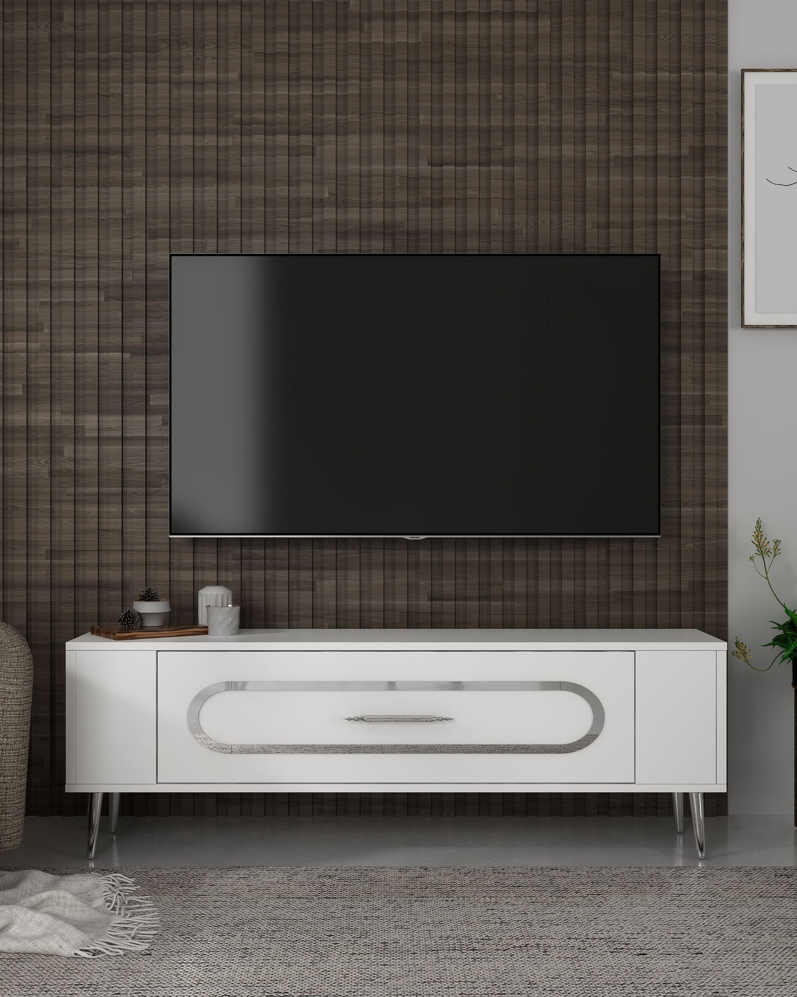Móvel de TV – 120 cm x 48,2 cm x 26,4 cm – Branco e Prata – Painel de Partículas