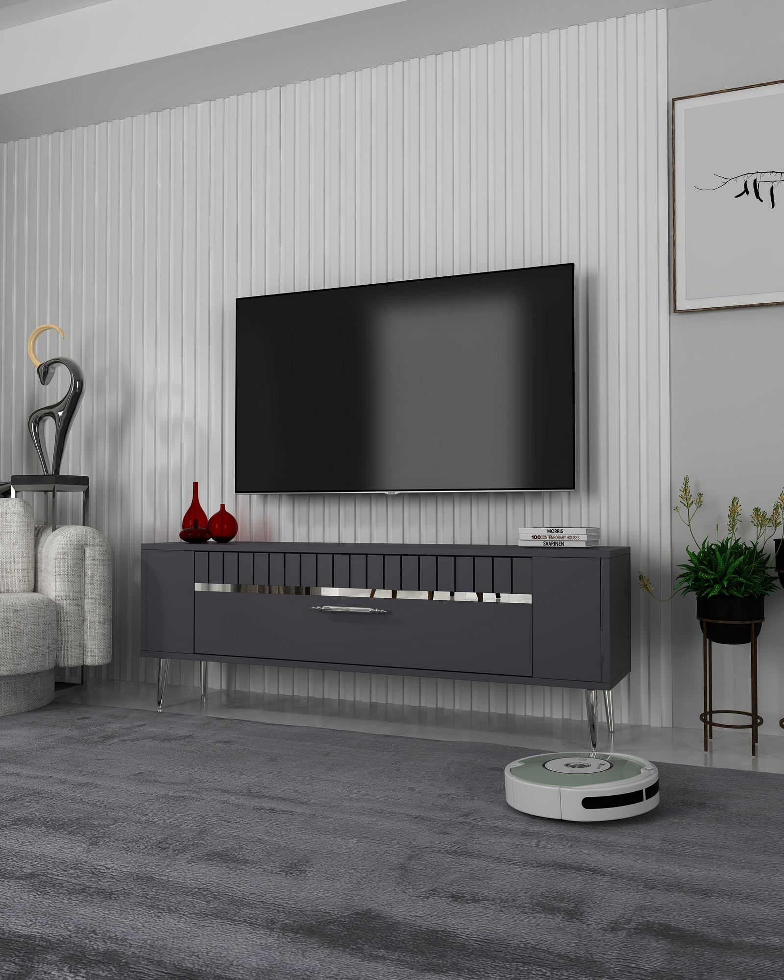 Móvel de TV – 120 cm x 48,2 cm x 26,4 cm – Antracite e Prata – Painel de partículas revestido a melamina