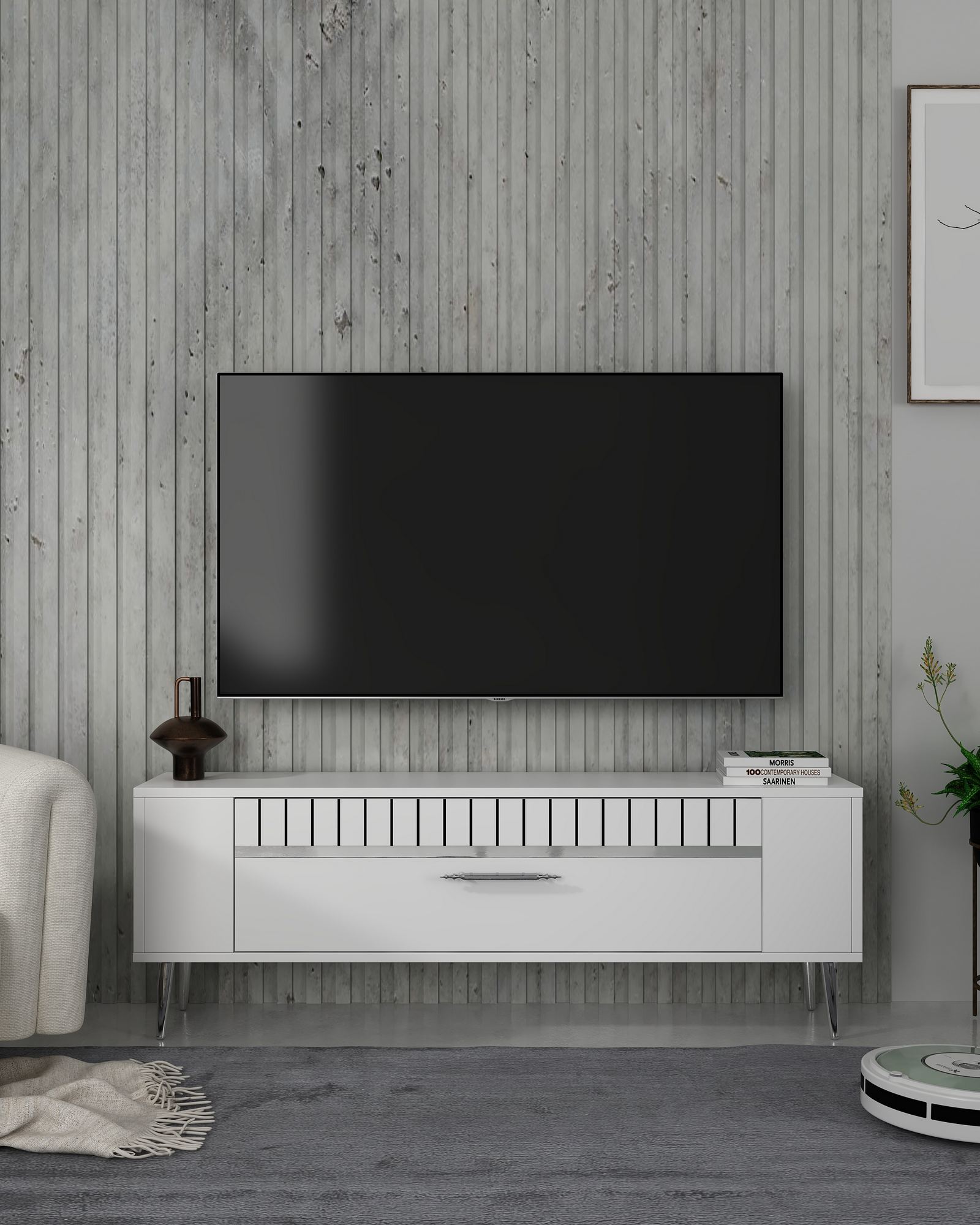 Móvel de TV – 120 cm x 48,2 cm x 26,4 cm – Branco e Prata – Painel de partículas revestido a melamina