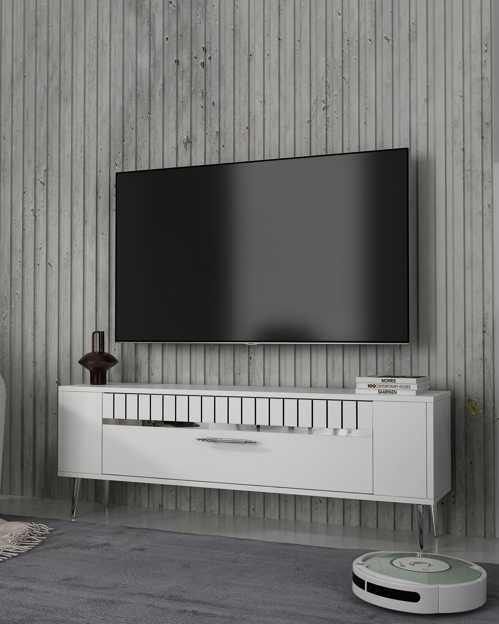 Móvel de TV – 120 cm x 48,2 cm x 26,4 cm – Branco e Prata – Painel de partículas revestido a melamina