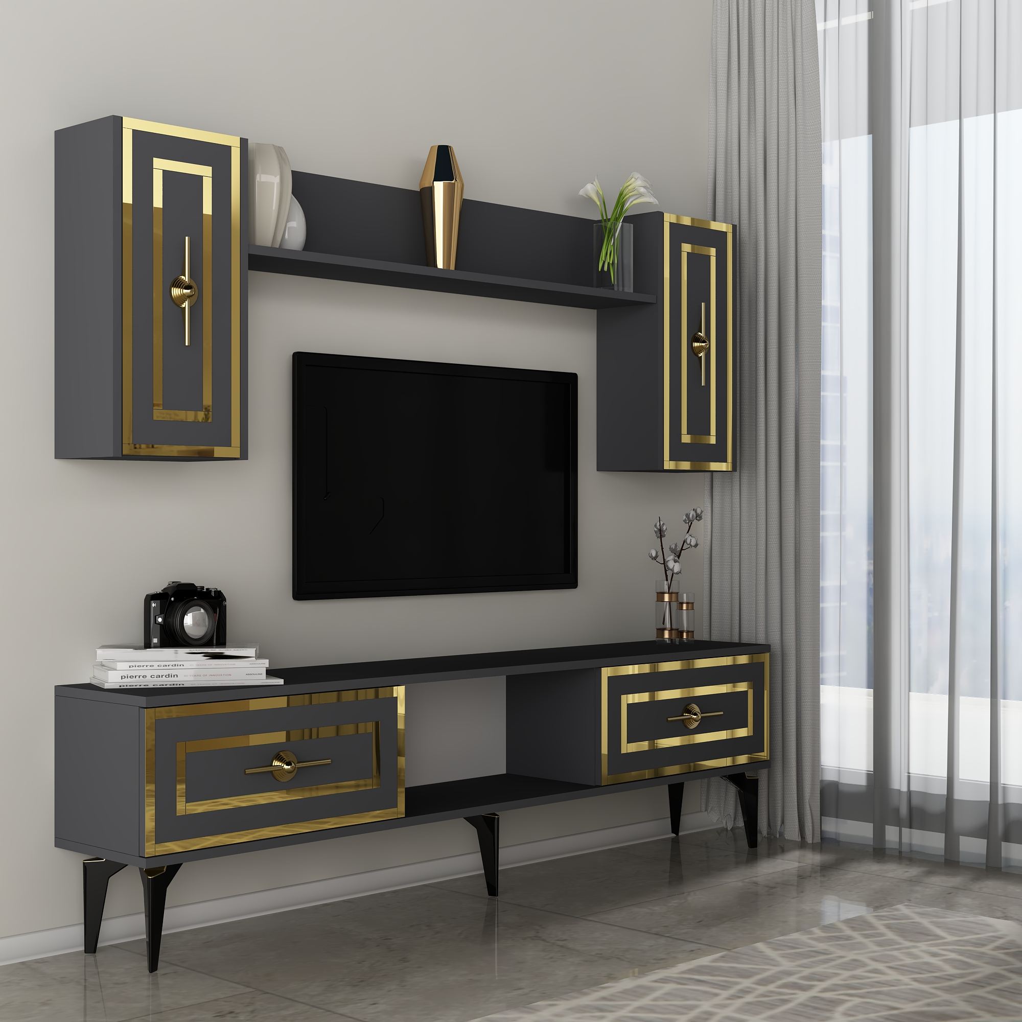 Móvel de TV – 150 cm x 44,6 cm x 29,6 cm – Antracite – Aglomerado de partículas revestido a melamina