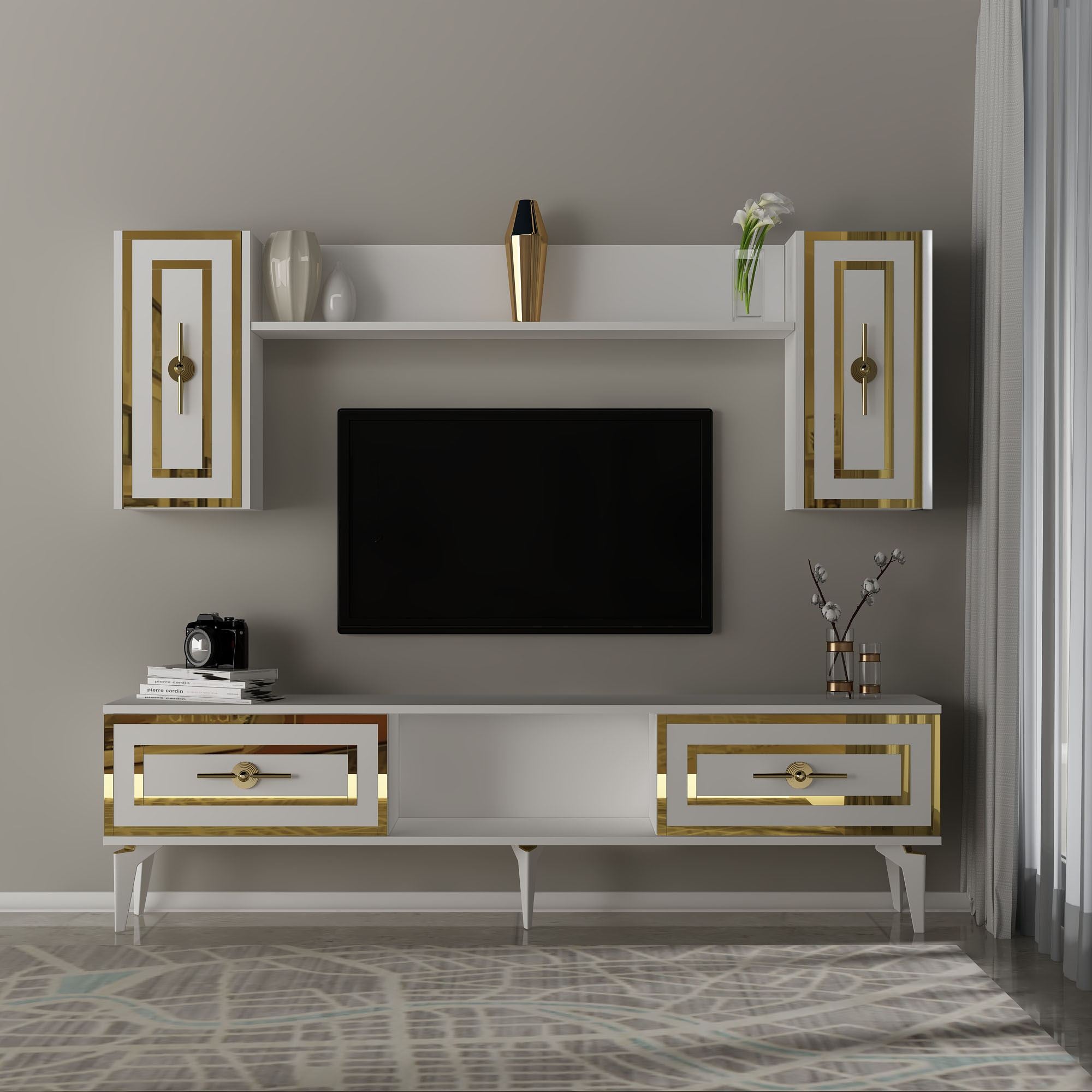 Móvel de TV – 150 cm x 44,6 cm x 29,6 cm – Branco – Painel de partículas