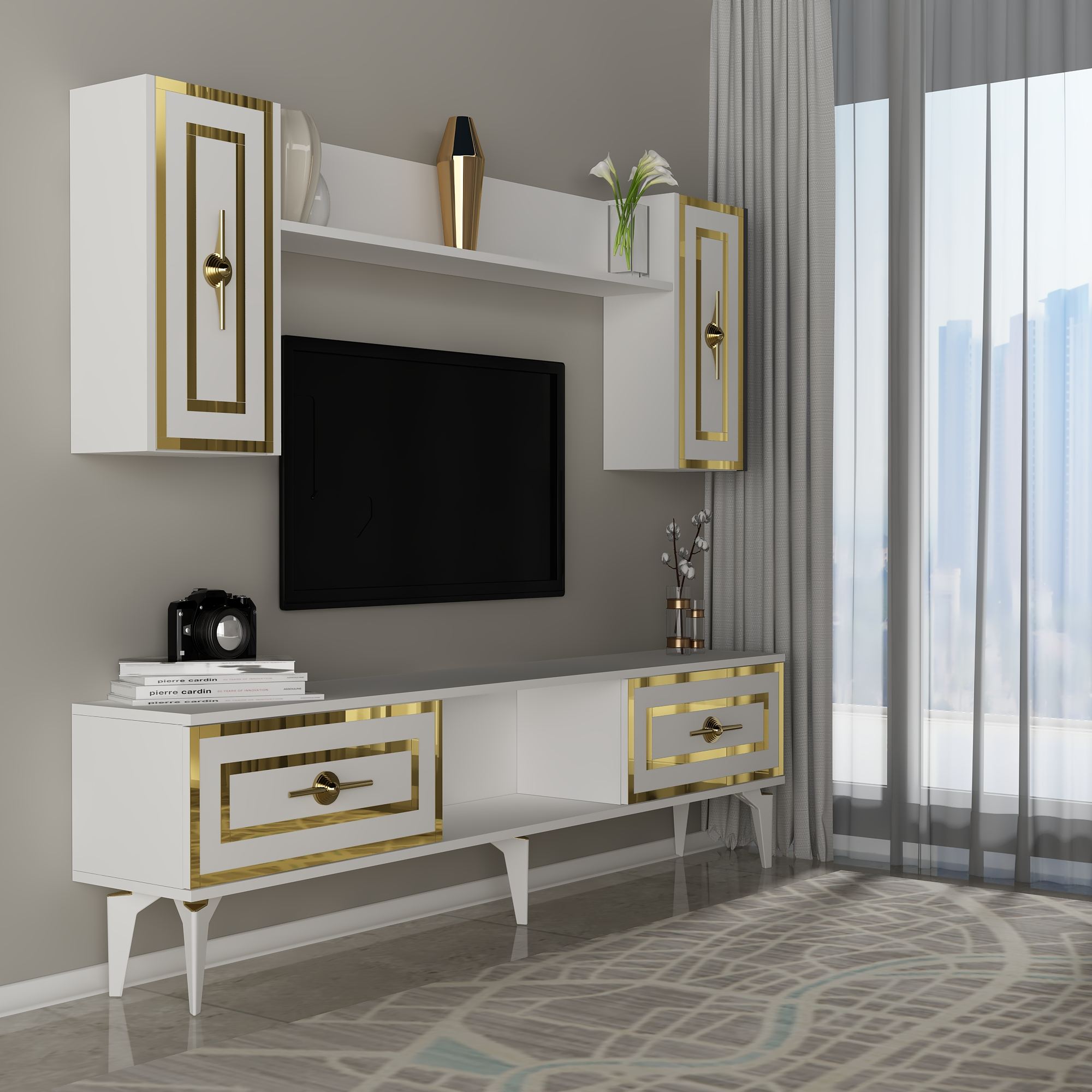 Móvel de TV – 150 cm x 44,6 cm x 29,6 cm – Branco – Painel de partículas