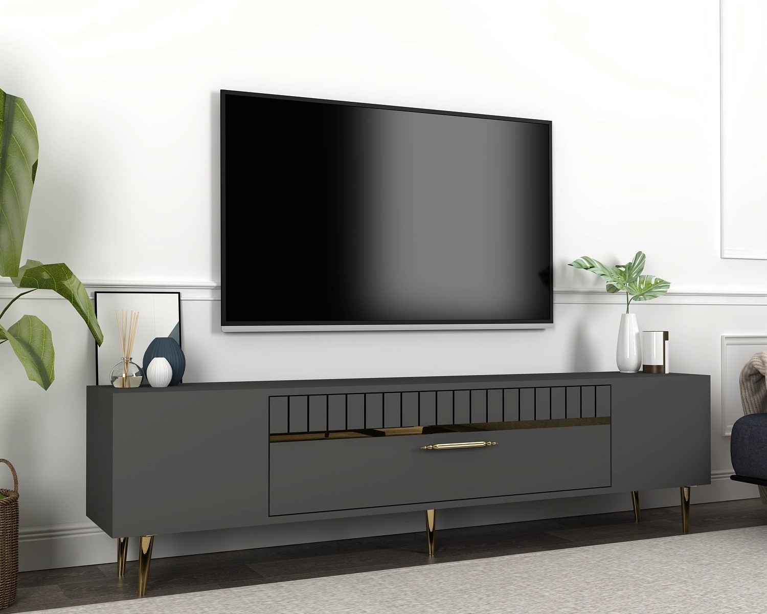 Móvel de TV – 150 cm x 48 cm – Antracite e Dourado – Painéis de Partículas revestidos a Melamina