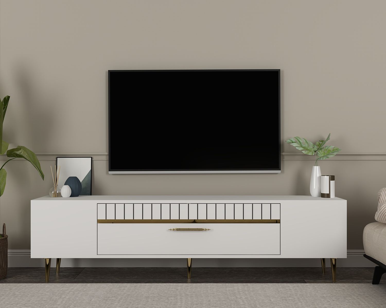 Móvel de TV – 150 cm x 48 cm x 29,6 cm – Branco e Dourado – Painel de partículas revestido a melamina