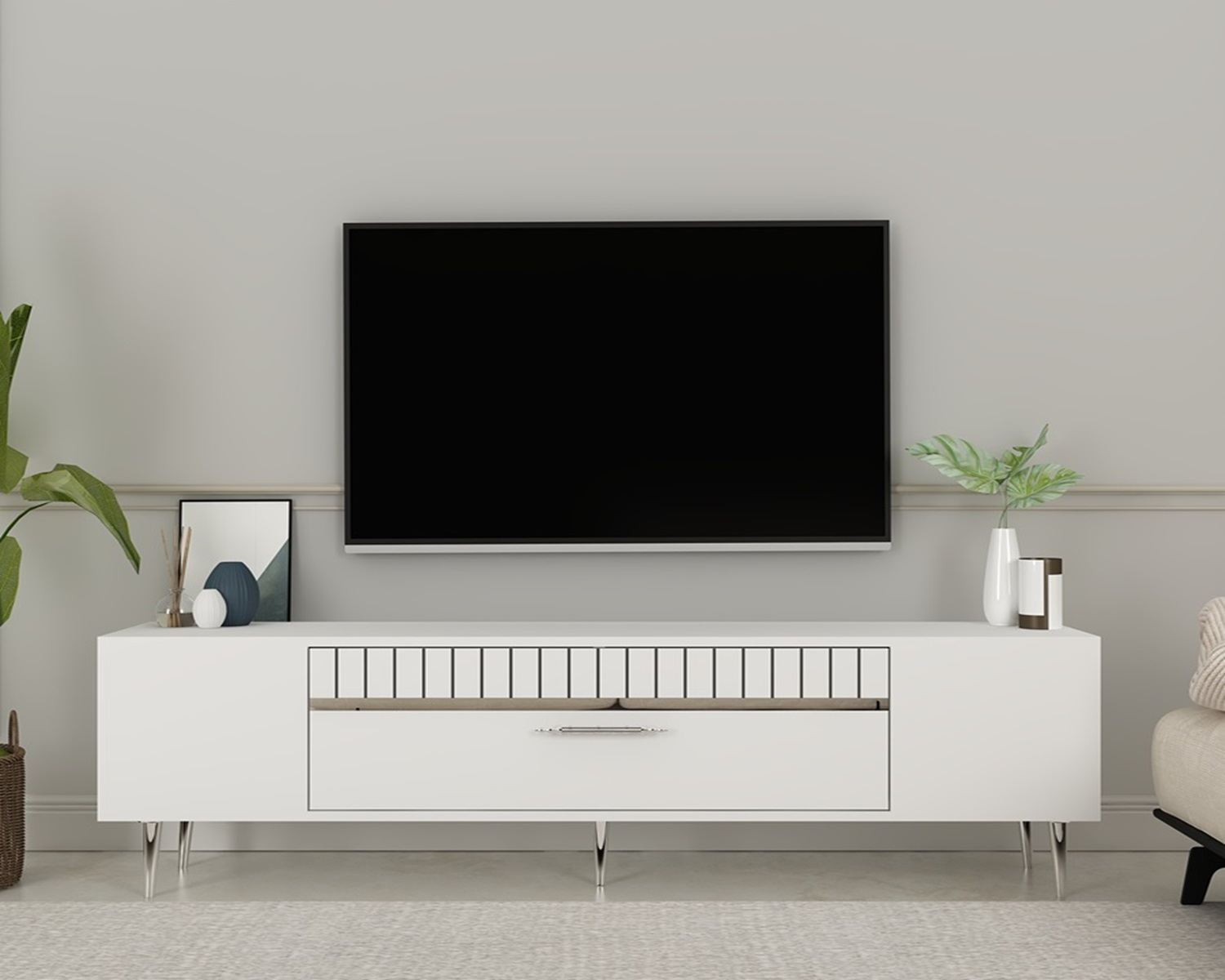 Móvel de TV – 150 cm x 48 cm x 29,6 cm – Branco e Prateado – Painéis de Partículas Revestidos a Melamina