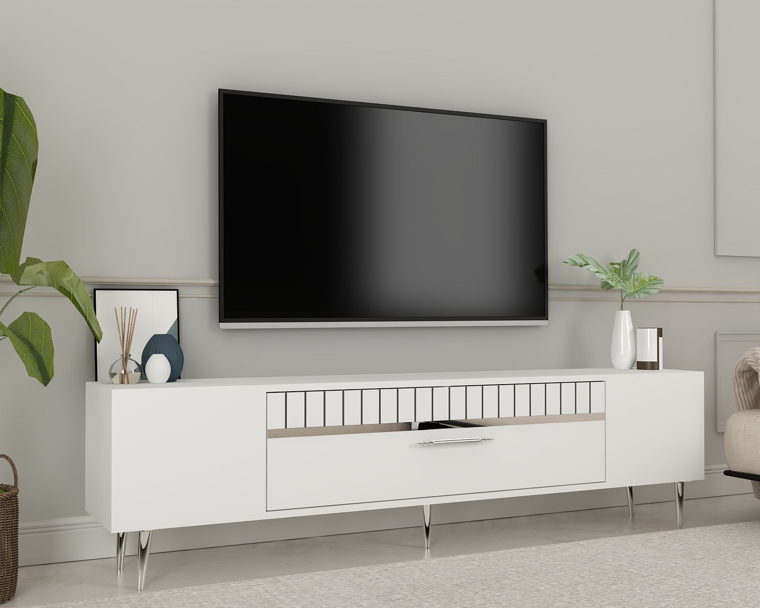 Móvel de TV – 150 cm x 48 cm x 29,6 cm – Branco e Prateado – Painéis de Partículas Revestidos a Melamina