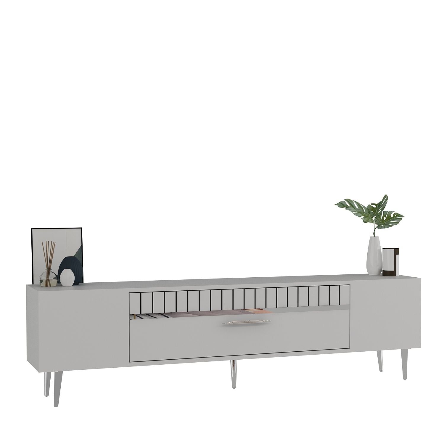 Móvel de TV – 150 cm x 48 cm x 29,6 cm – Branco e Prateado – Painéis de Partículas Revestidos a Melamina