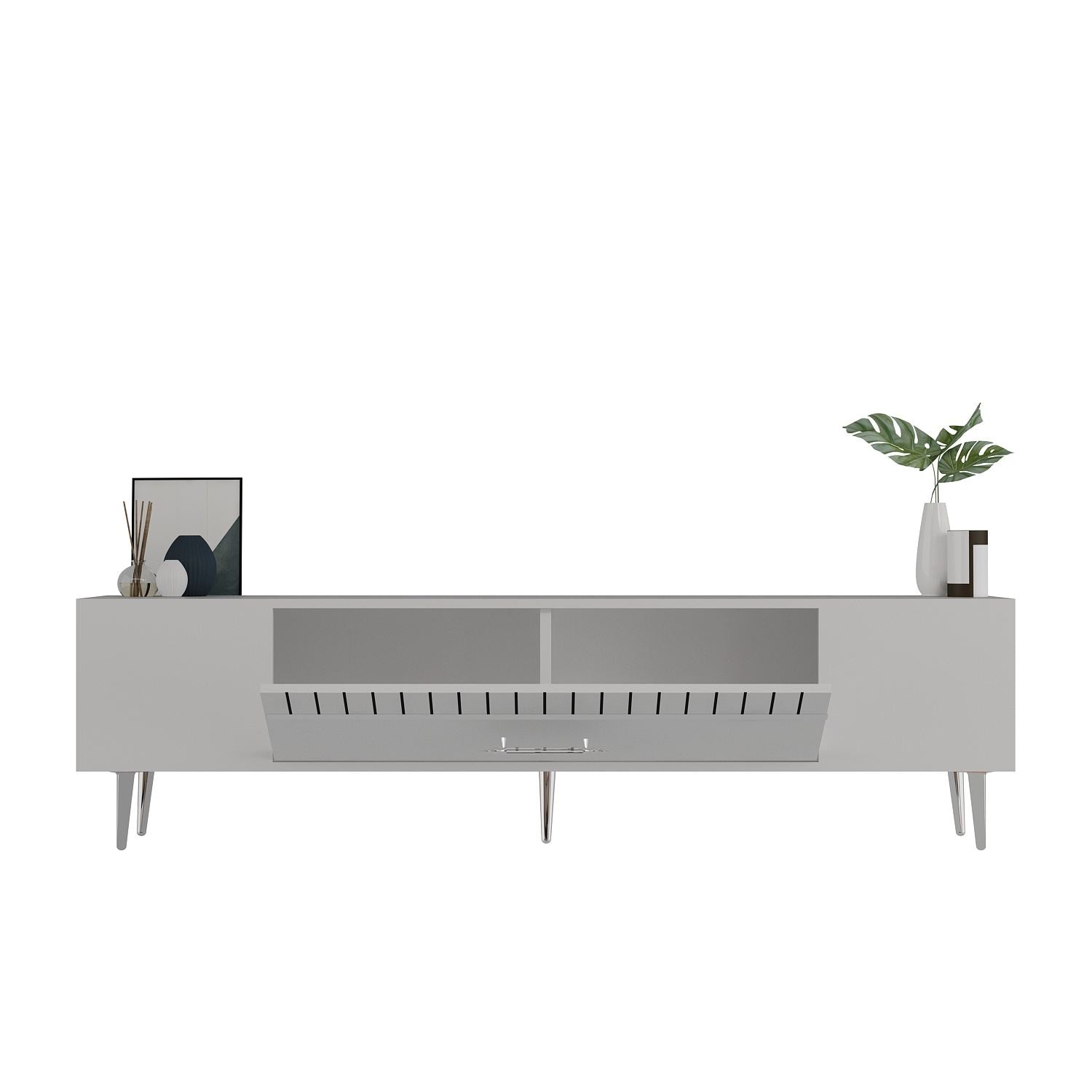 Móvel de TV – 150 cm x 48 cm x 29,6 cm – Branco e Prateado – Painéis de Partículas Revestidos a Melamina