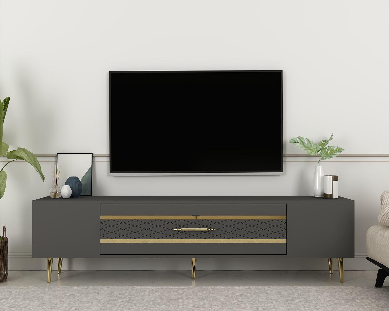 Móvel de TV – 150 cm x 48,2 cm x 35 cm – Antracite e Dourado – Painel de Partículas