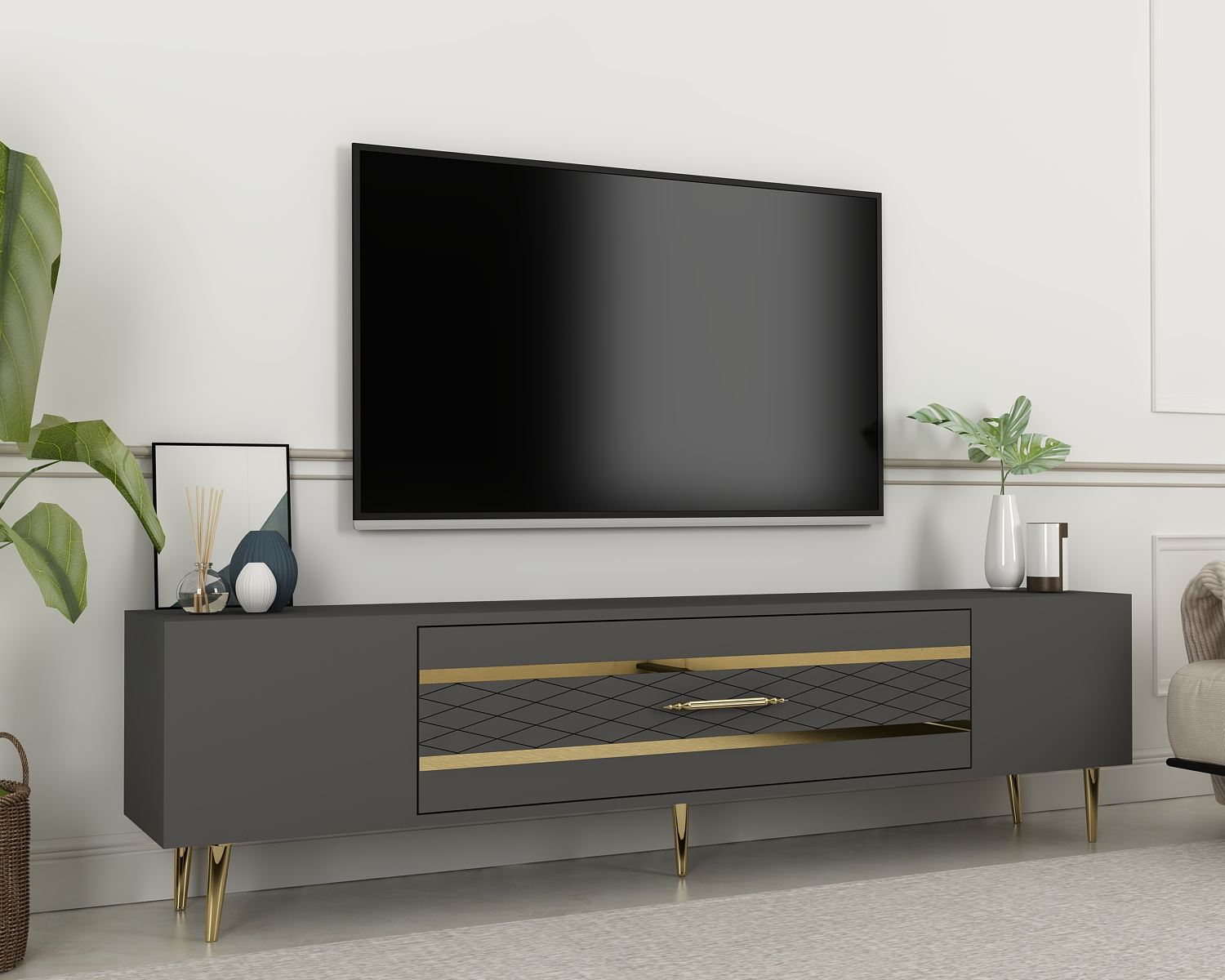 Móvel de TV – 150 cm x 48,2 cm x 35 cm – Antracite e Dourado – Painel de Partículas