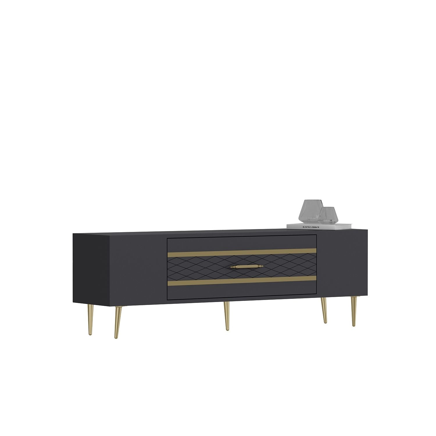 Móvel de TV – 150 cm x 48,2 cm x 35 cm – Antracite e Dourado – Painel de Partículas
