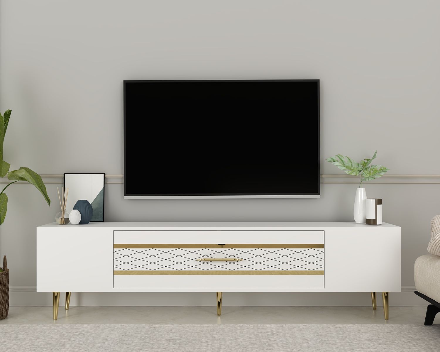 Móvel de TV – 150 cm x 48,2 cm x 35 cm – Branco e Dourado – Painel de Partículas