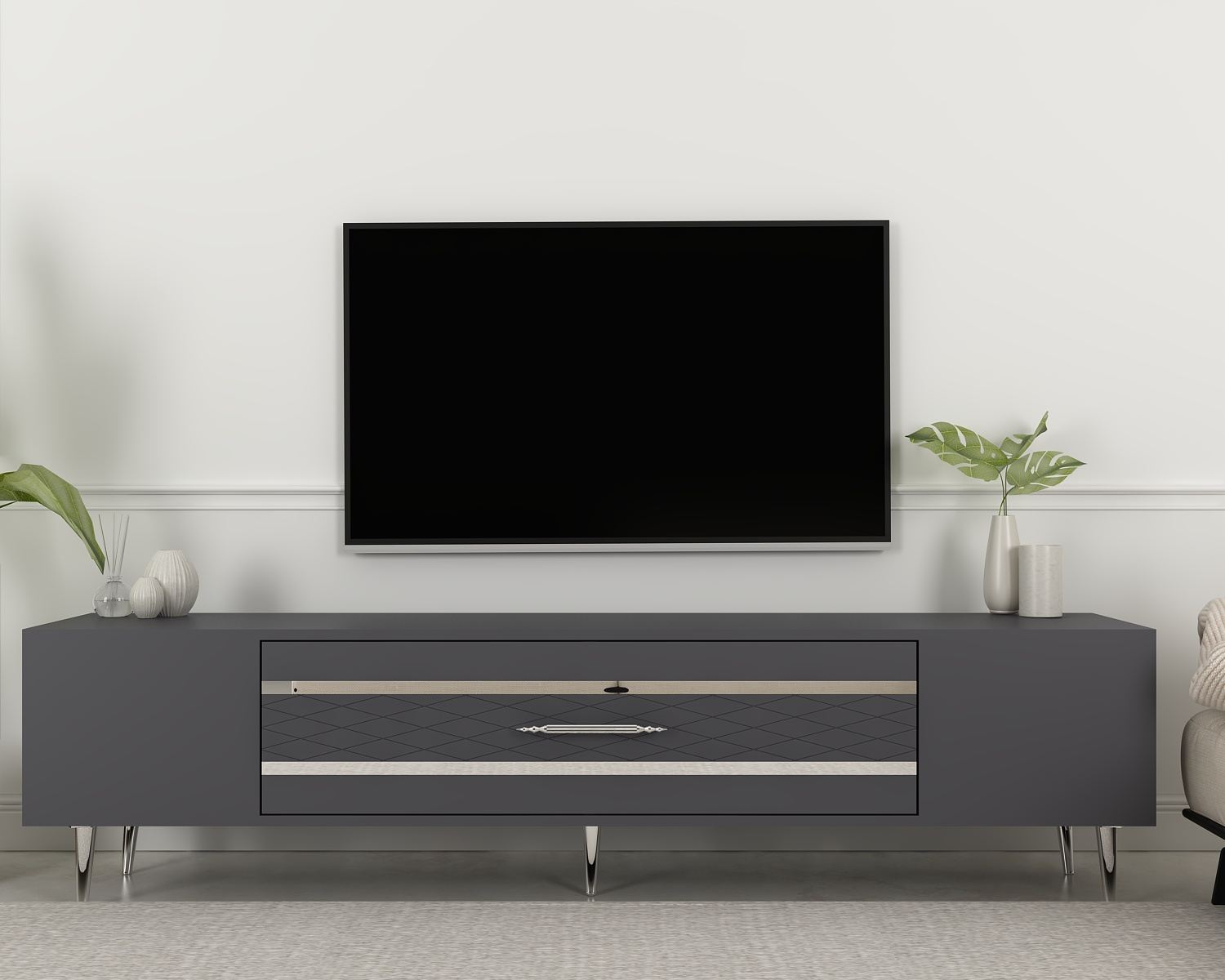 Móvel de TV – 150 cm x 48,2 cm x 35 cm – Antracite e Prata – Painel de Partículas