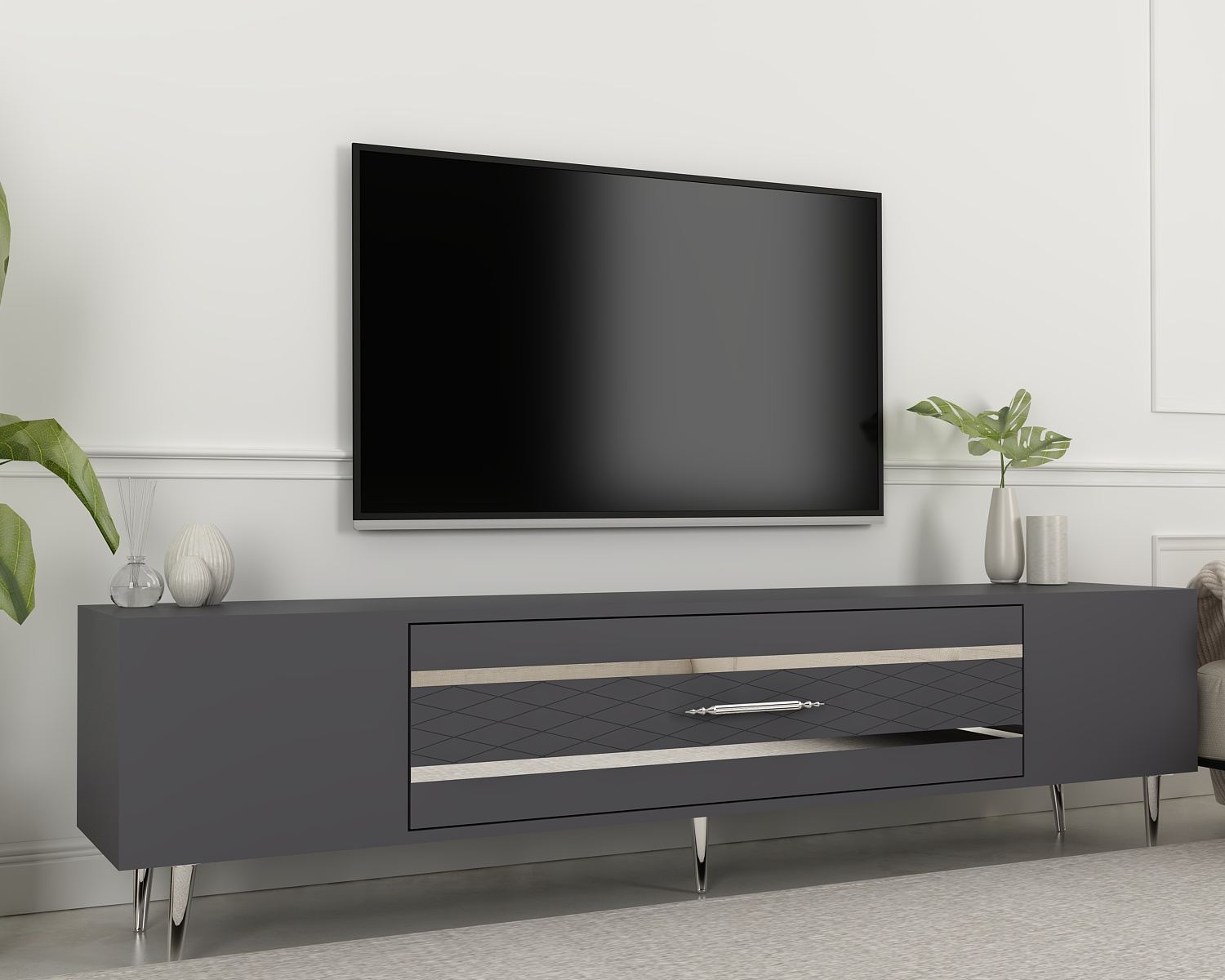 Móvel de TV – 150 cm x 48,2 cm x 35 cm – Antracite e Prata – Painel de Partículas