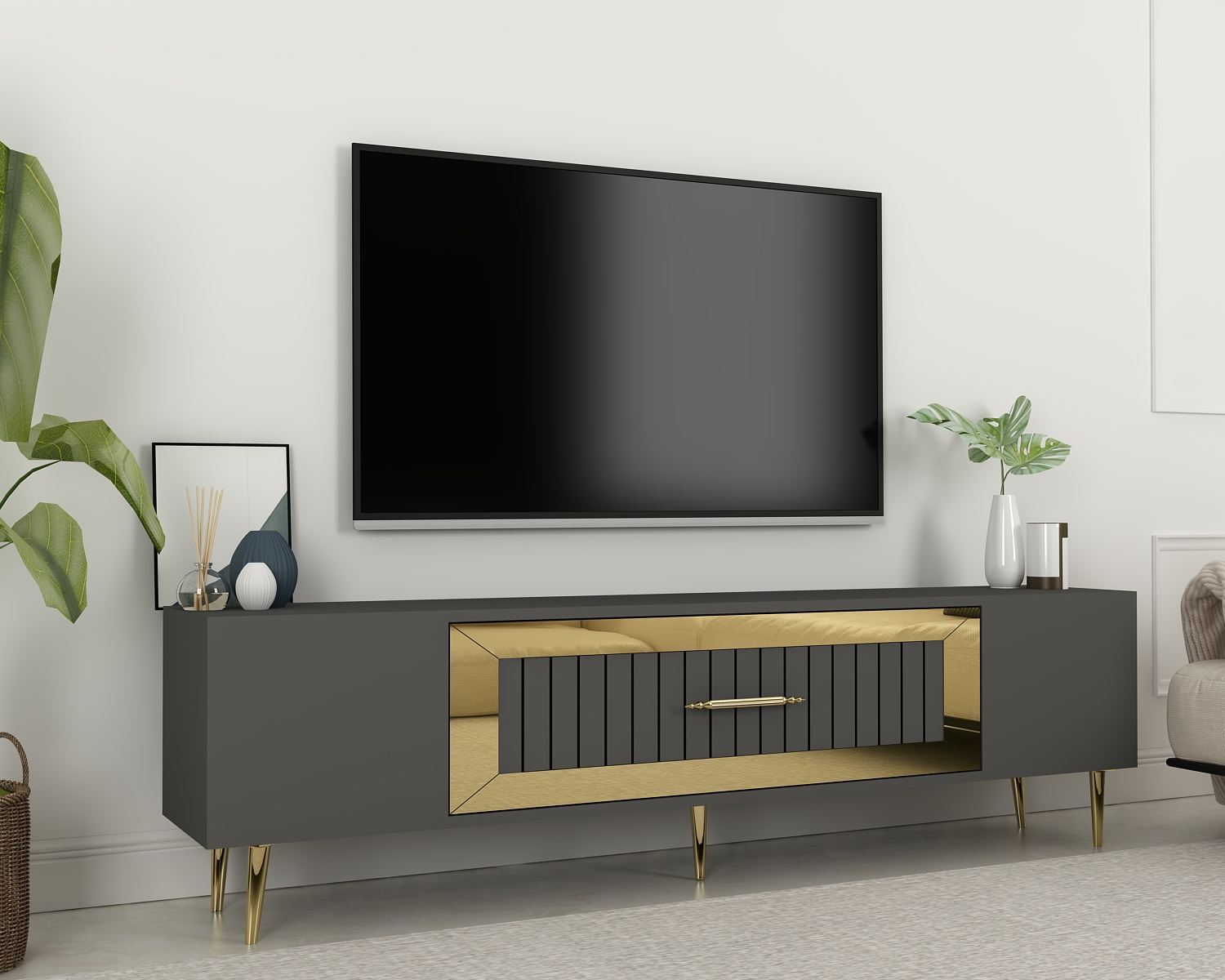 Móvel de TV – 150 cm x 48,2 cm x 29,6 cm – Antracite/Dourado – Painéis de partículas revestidos a melamina
