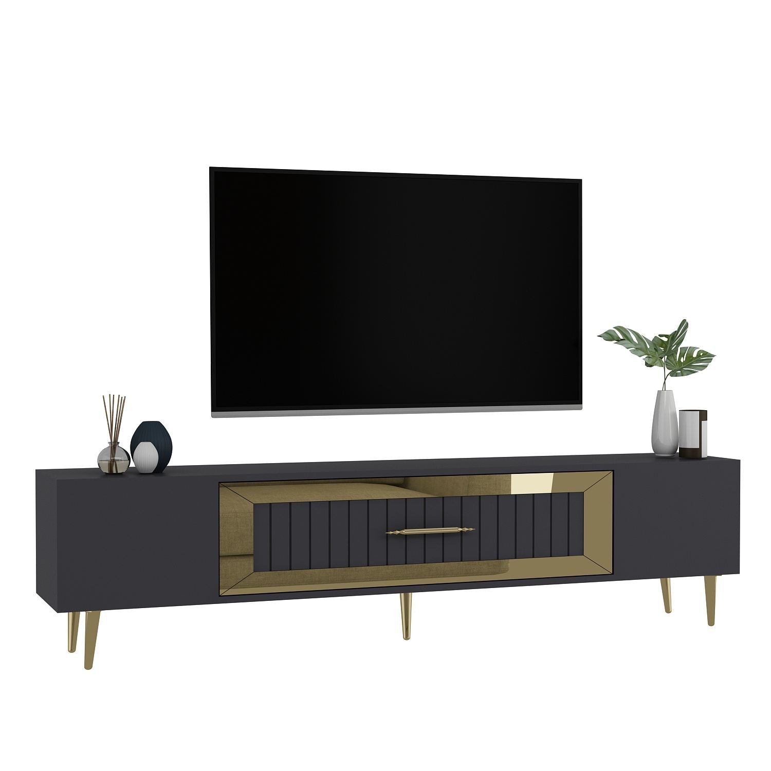 Móvel de TV – 150 cm x 48,2 cm x 29,6 cm – Antracite/Dourado – Painéis de partículas revestidos a melamina
