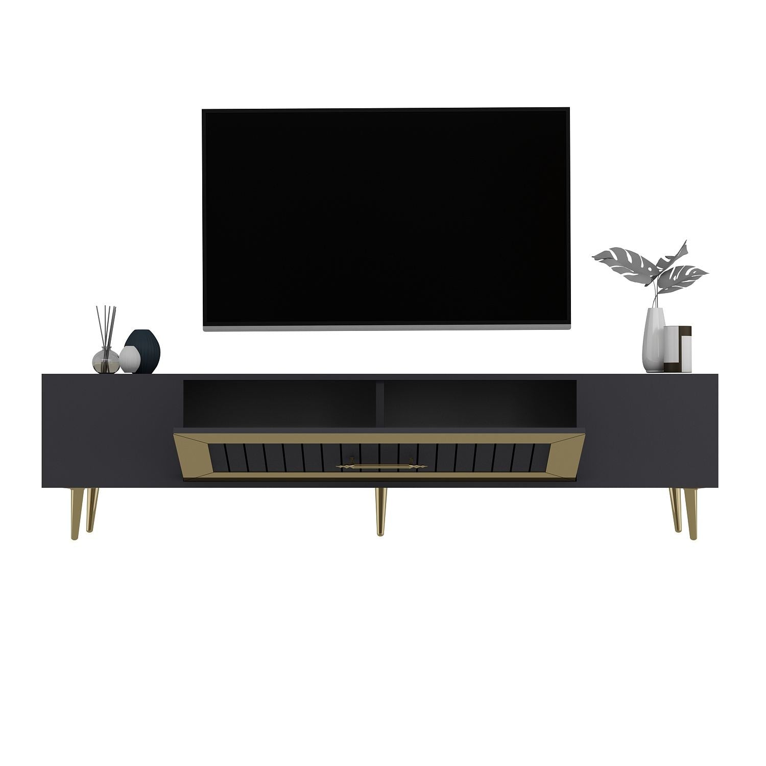 Móvel de TV – 150 cm x 48,2 cm x 29,6 cm – Antracite/Dourado – Painéis de partículas revestidos a melamina