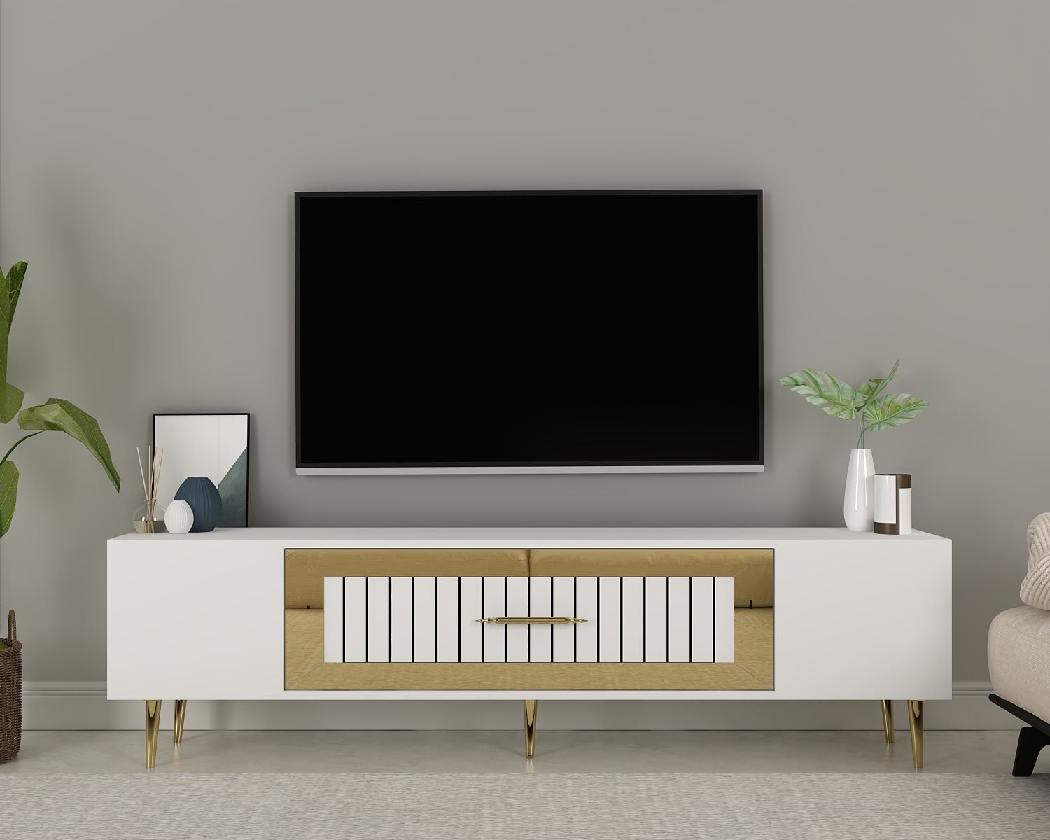 Móvel de TV – 150 cm x 48,2 cm x 29,6 cm – Branco e Dourado – Painéis de Partículas