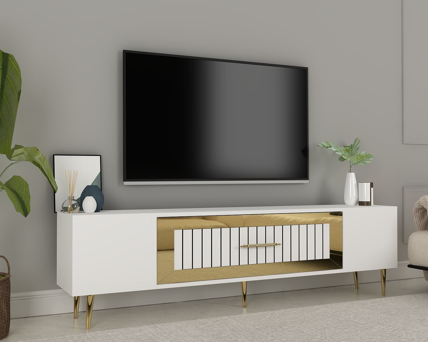 Móvel de TV – 150 cm x 48,2 cm x 29,6 cm – Branco e Dourado – Painéis de Partículas