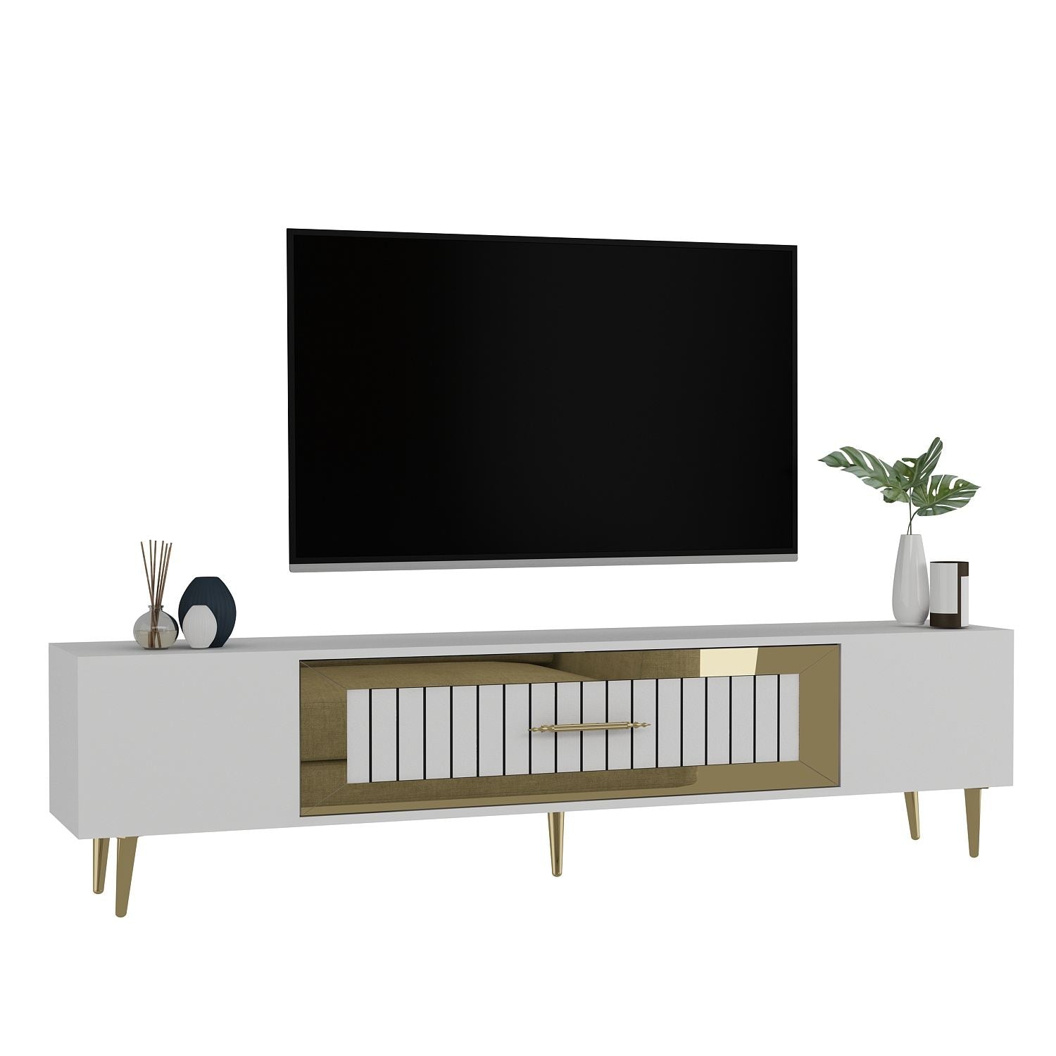 Móvel de TV – 150 cm x 48,2 cm x 29,6 cm – Branco e Dourado – Painéis de Partículas