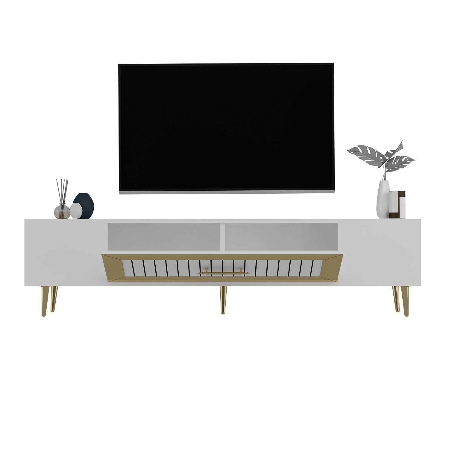 Móvel de TV – 150 cm x 48,2 cm x 29,6 cm – Branco e Dourado – Painéis de Partículas