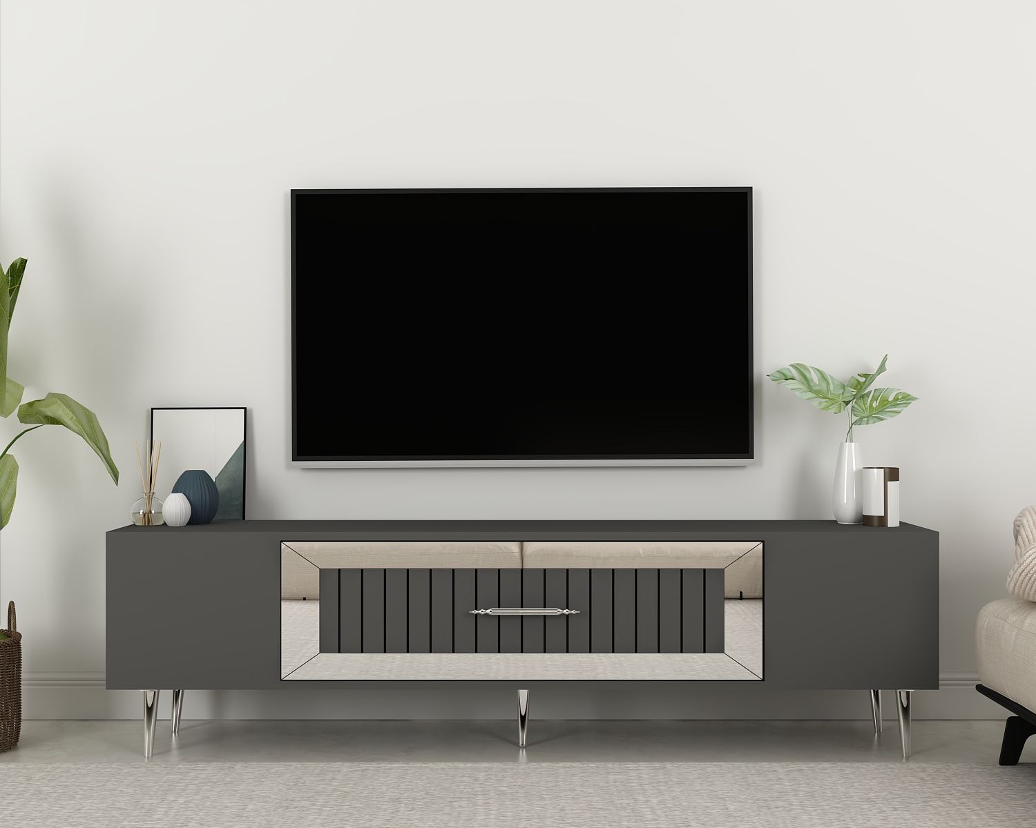 Móvel de TV – 150 cm x 48,2 cm x 29,6 cm – Antracite e Prata – Painel de Partículas revestido a Melamina