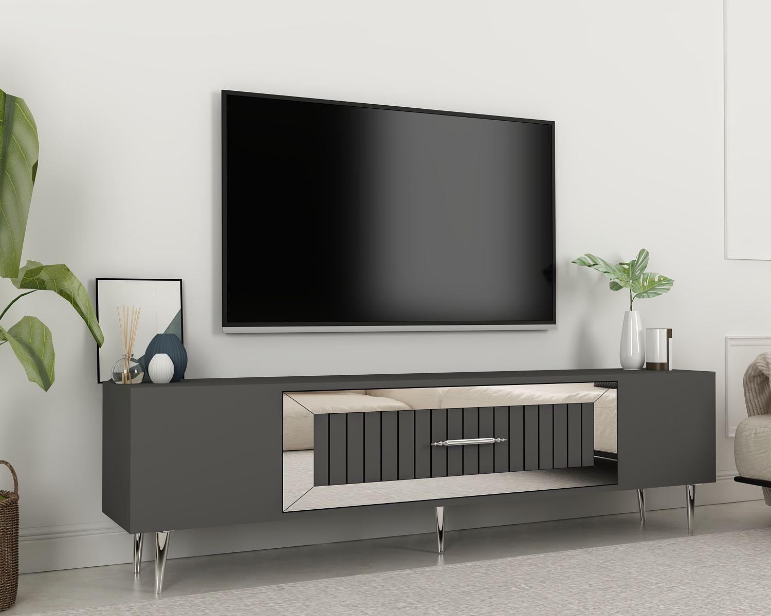 Móvel de TV – 150 cm x 48,2 cm x 29,6 cm – Antracite e Prata – Painel de Partículas revestido a Melamina