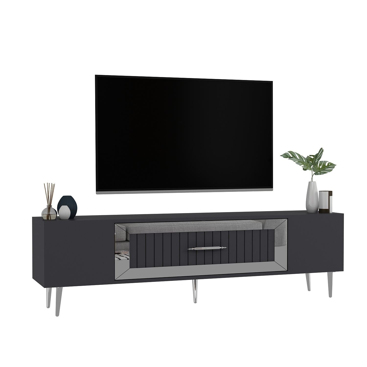 Móvel de TV – 150 cm x 48,2 cm x 29,6 cm – Antracite e Prata – Painel de Partículas revestido a Melamina