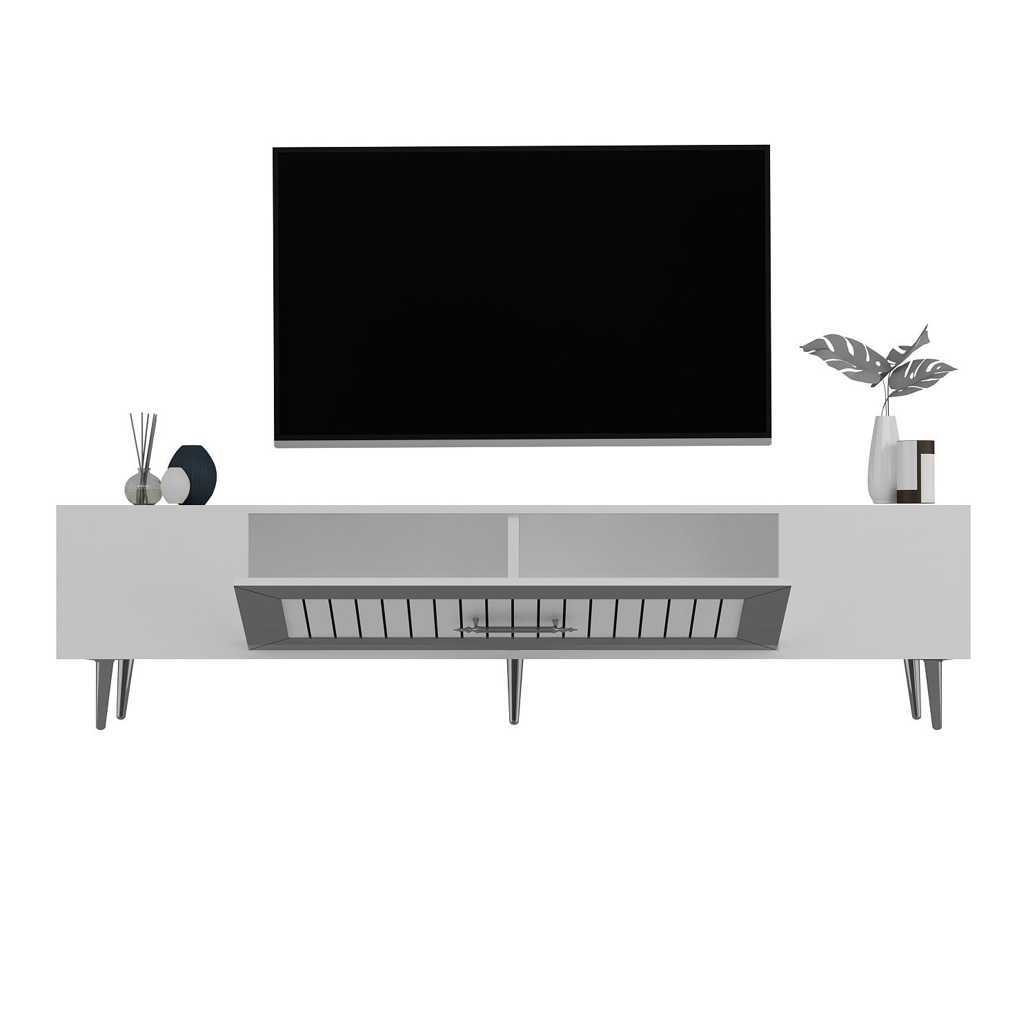 Móvel de TV – 150 cm x 48,2 cm x 29,6 cm – Branco e Prata – Painéis de partículas revestidos a melamina
