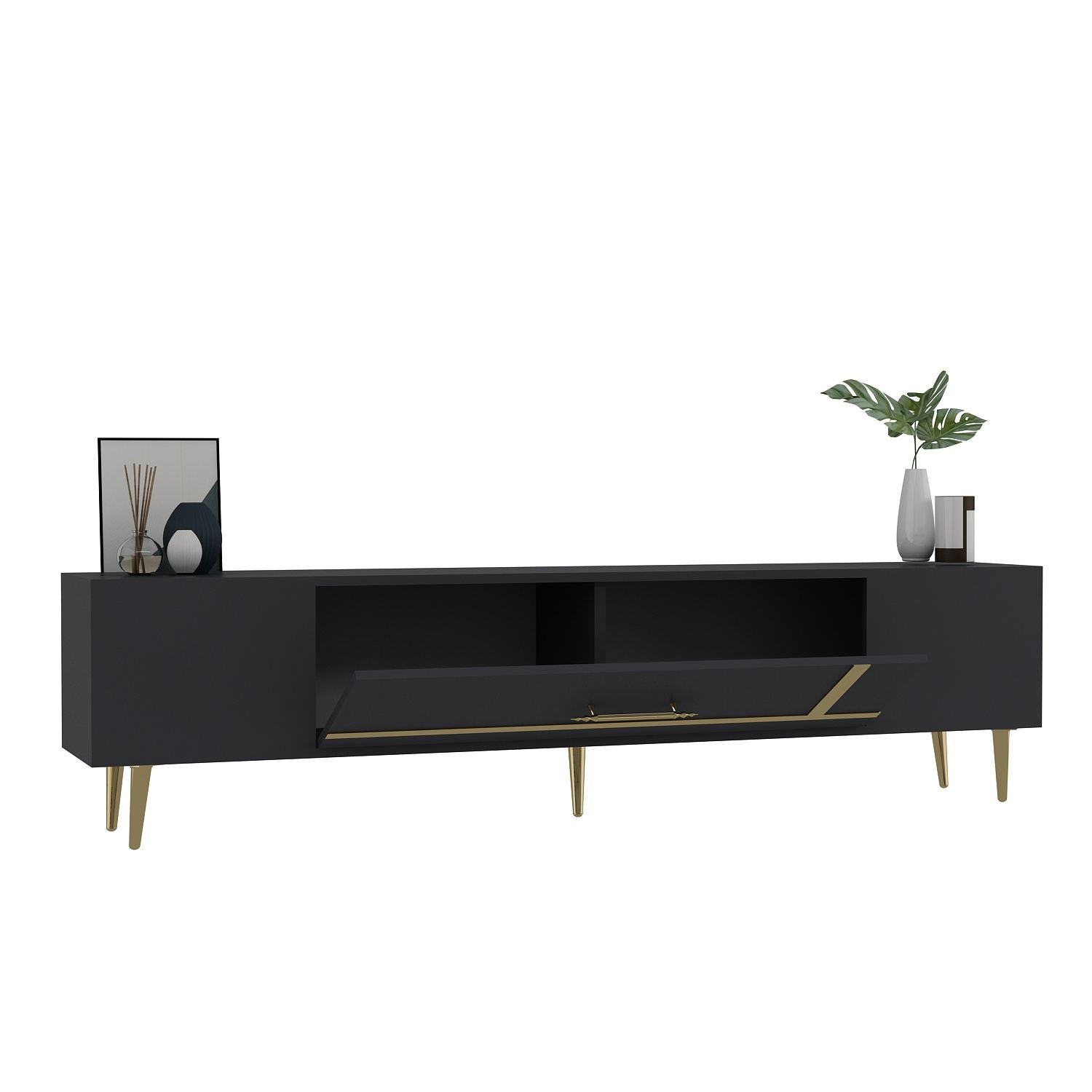 Móvel de TV – 150 cm x 48,2 cm x 29,6 cm – Antracite e Dourado – Painel de partículas