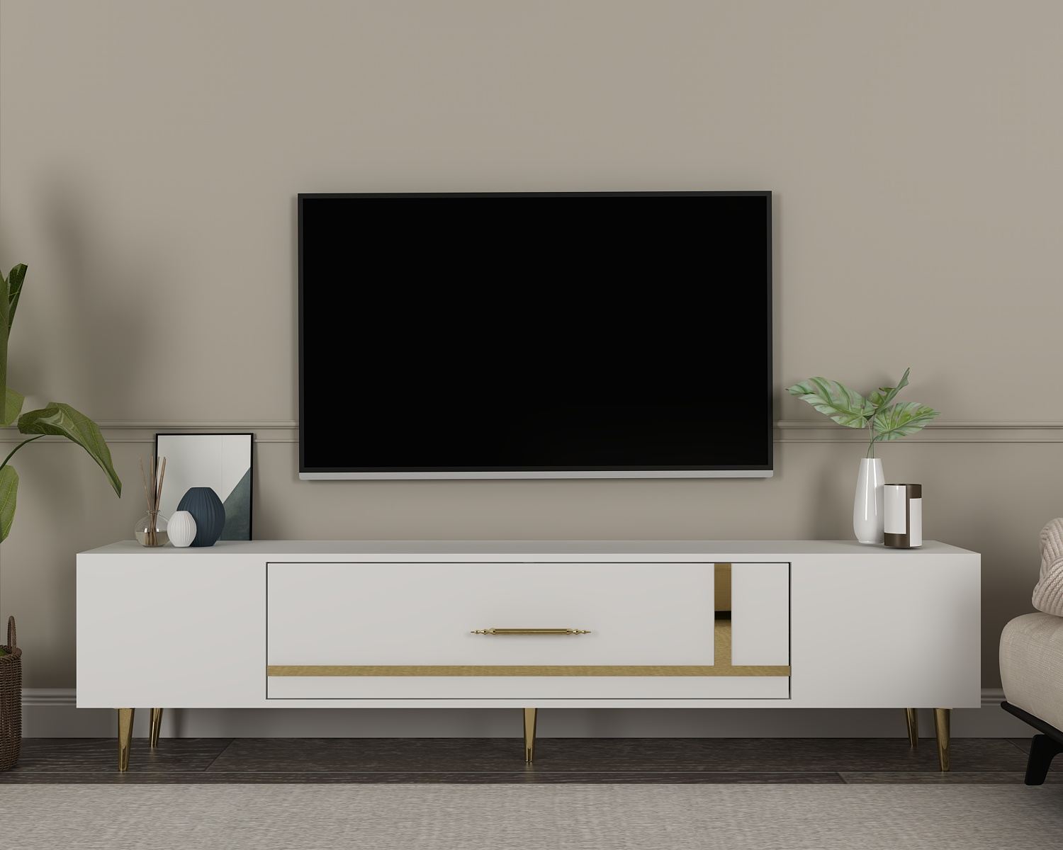 Móvel de TV – 150 cm x 48,2 cm x 29,6 cm – Branco e Dourado – Painel de partículas revestido a melamina