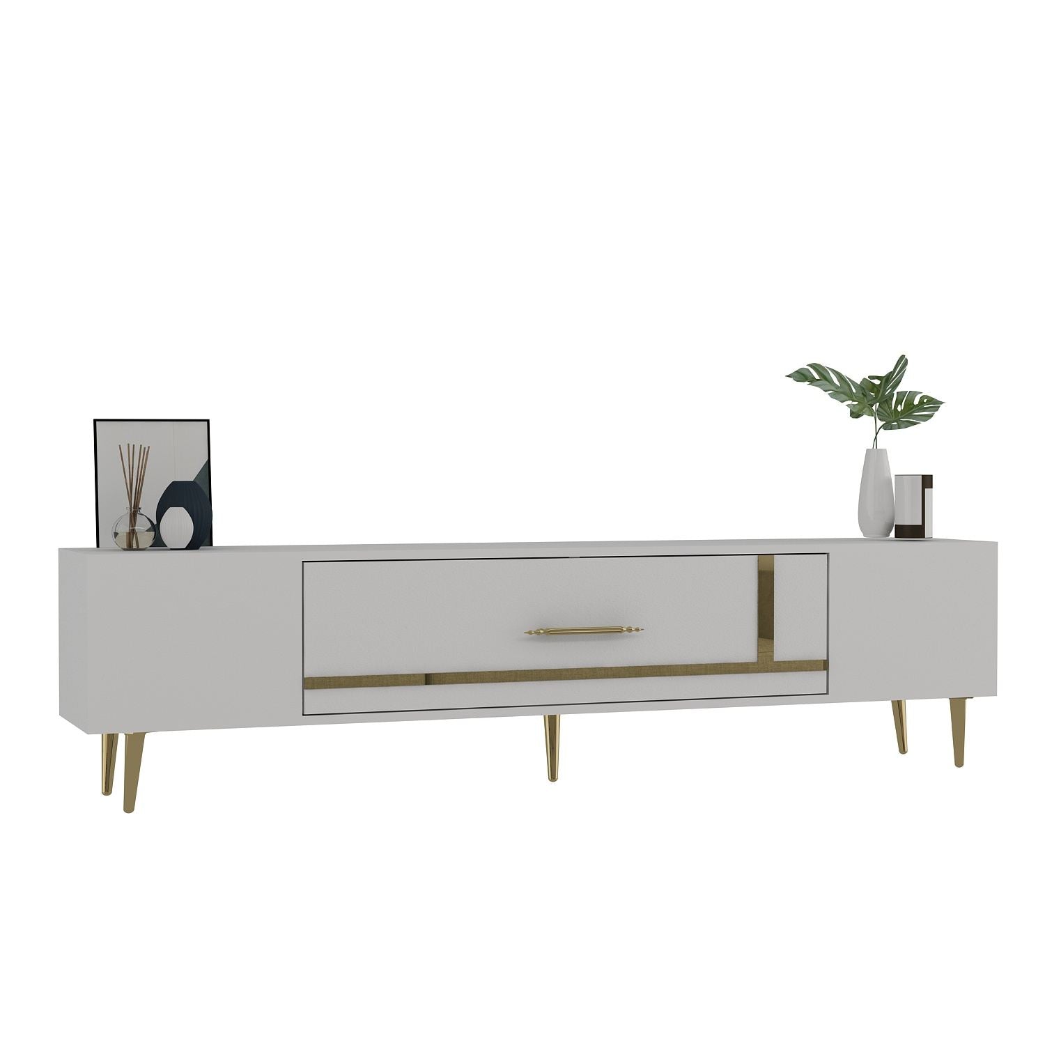 Móvel de TV – 150 cm x 48,2 cm x 29,6 cm – Branco e Dourado – Painel de partículas revestido a melamina