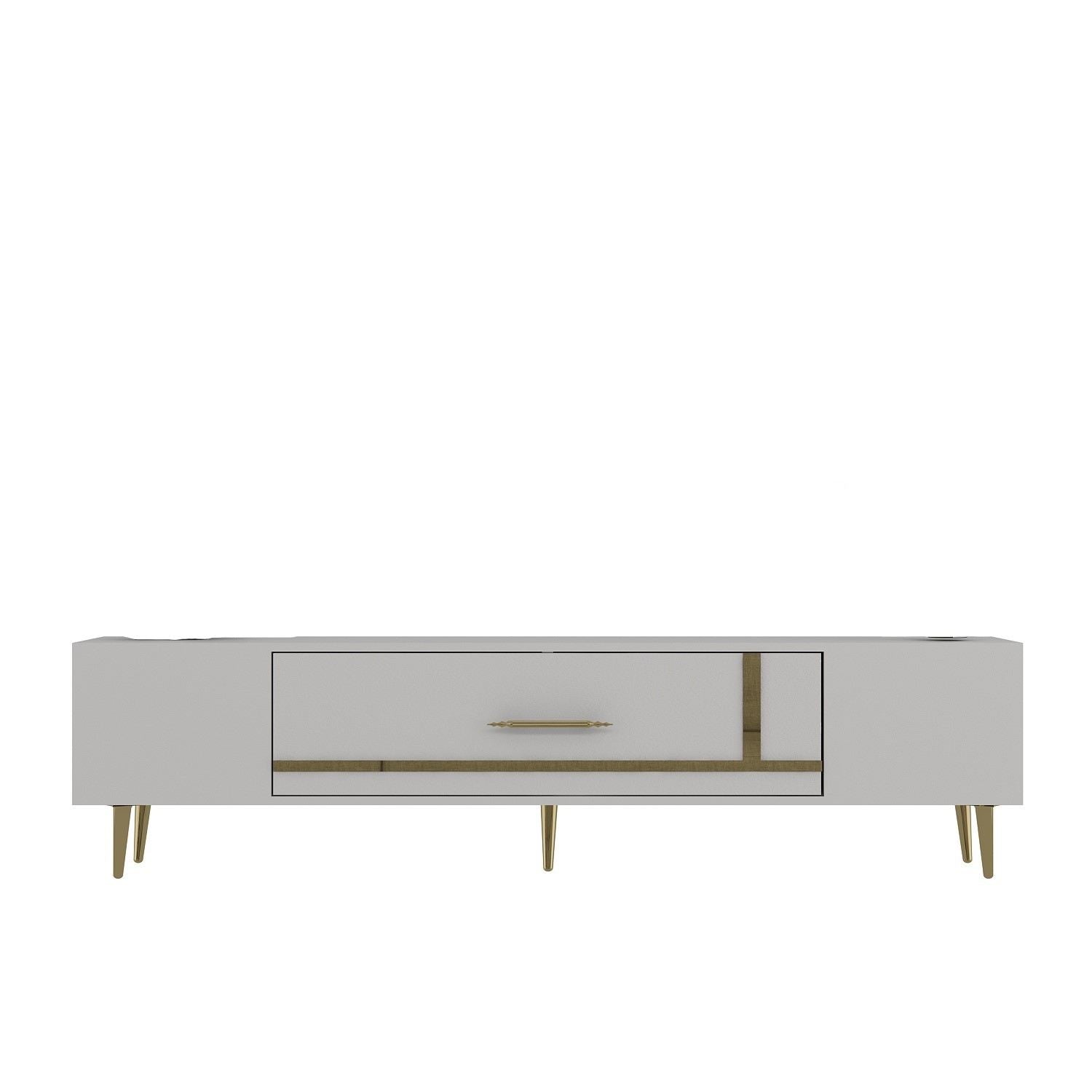 Móvel de TV – 150 cm x 48,2 cm x 29,6 cm – Branco e Dourado – Painel de partículas revestido a melamina