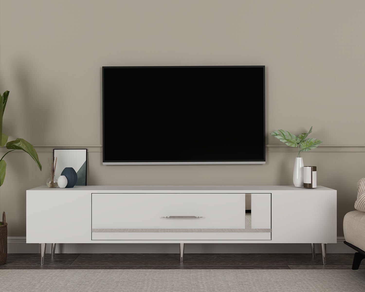 Móvel de TV – 150 cm x 48,2 cm x 29,6 cm – Branco e Prata – Painéis de partículas revestidos a melamina