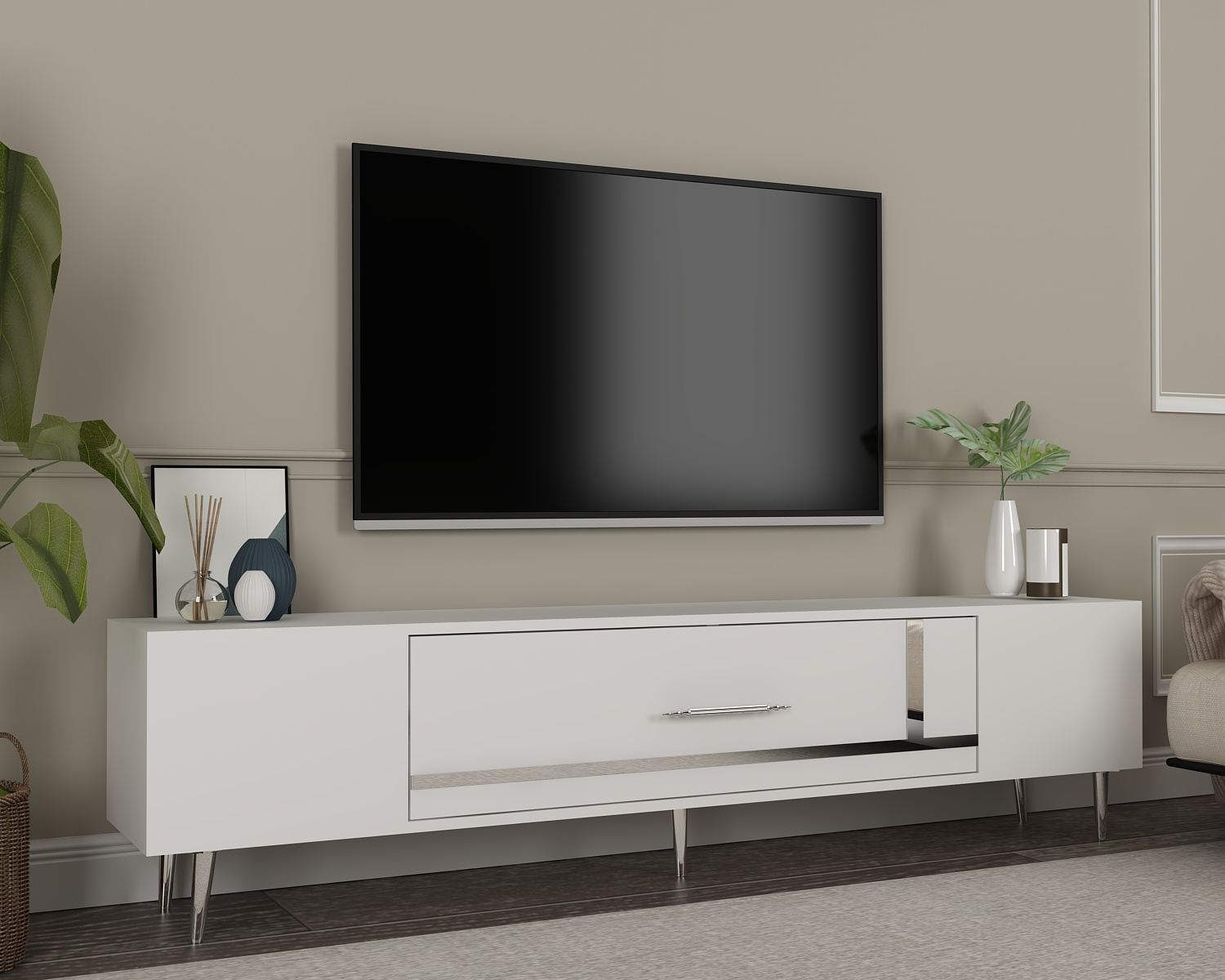 Móvel de TV – 150 cm x 48,2 cm x 29,6 cm – Branco e Prata – Painéis de partículas revestidos a melamina