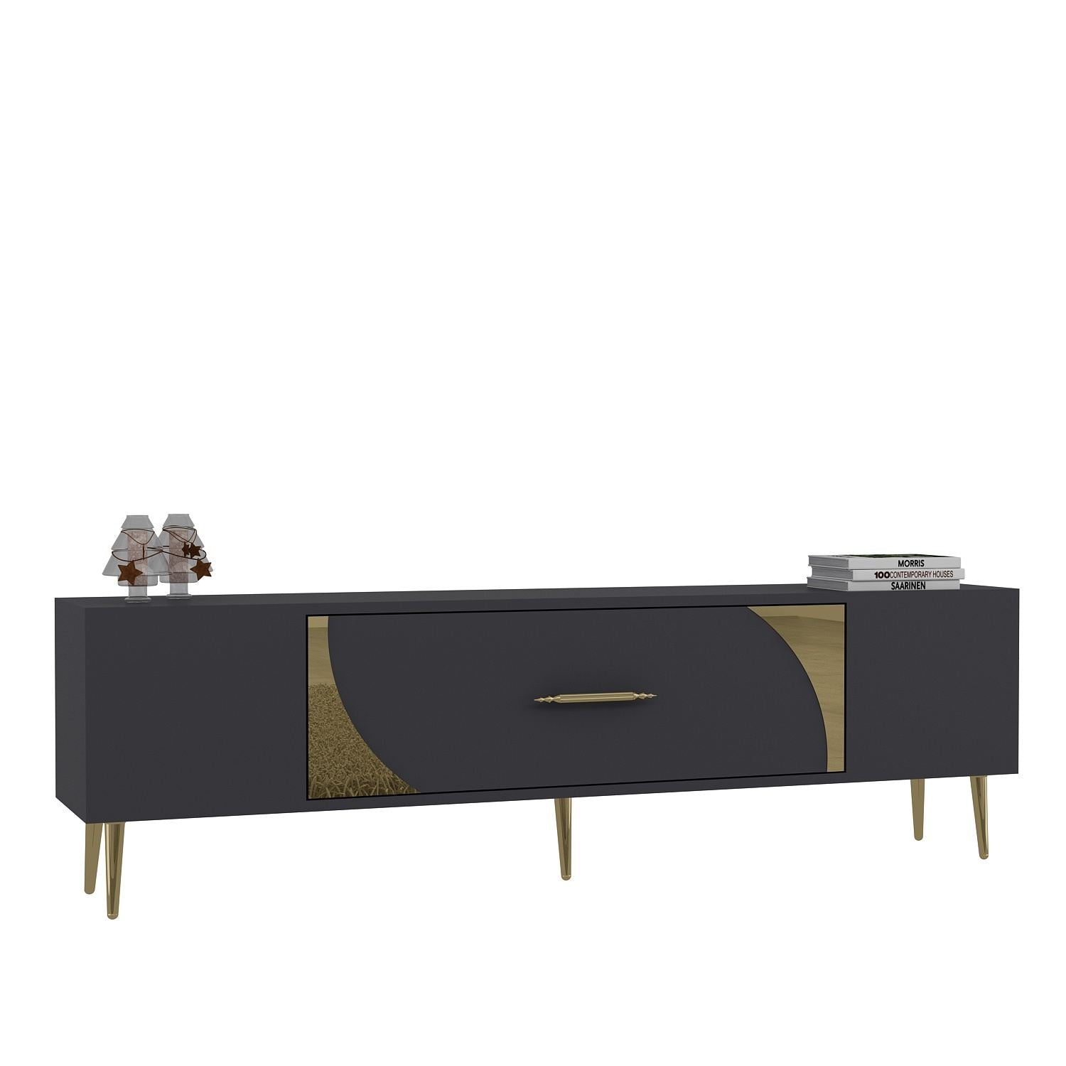 Móvel de TV – 150 cm x 48,2 cm x 29,6 cm – Antracite e Dourado – Painel de partículas com revestimento em melamina