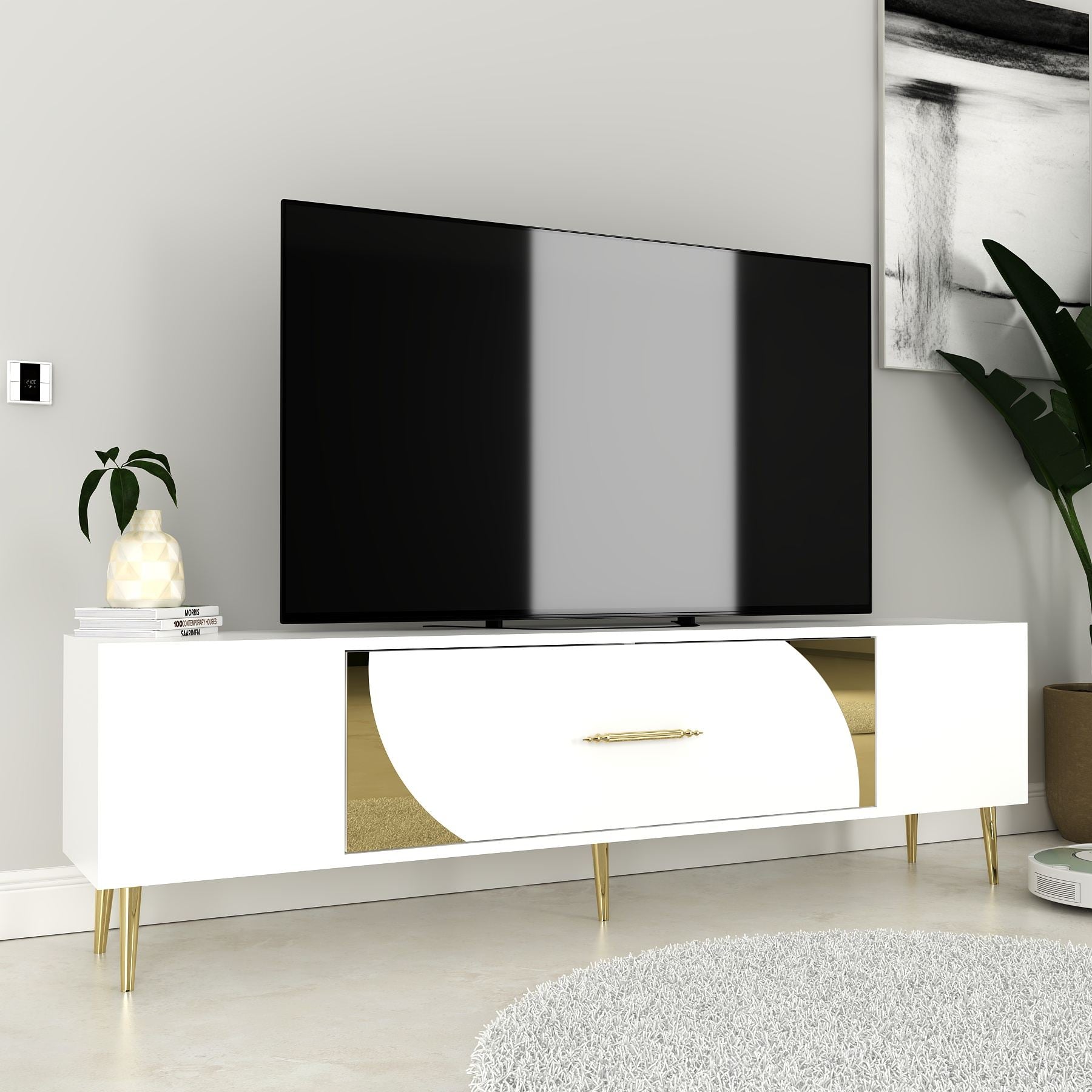 Móvel de TV – 150 cm x 48,2 cm x 29,6 cm – Branco e Dourado – Painel de partículas revestido a melamina
