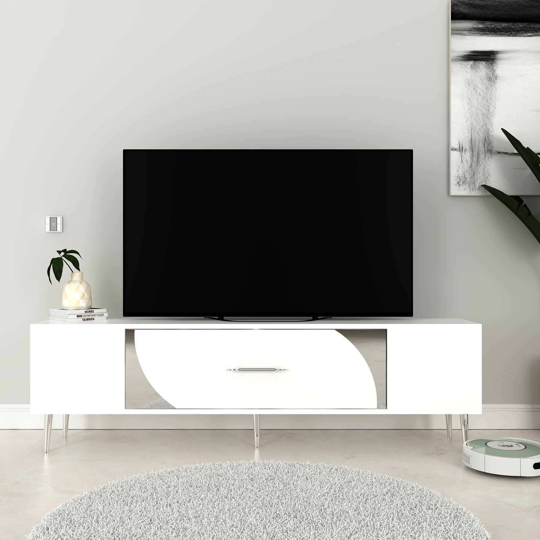 Móvel de TV – 150 cm x 48.2 cm x 29.6 cm – Branco e Prata – Painel de Partículas Revestido a Melamina