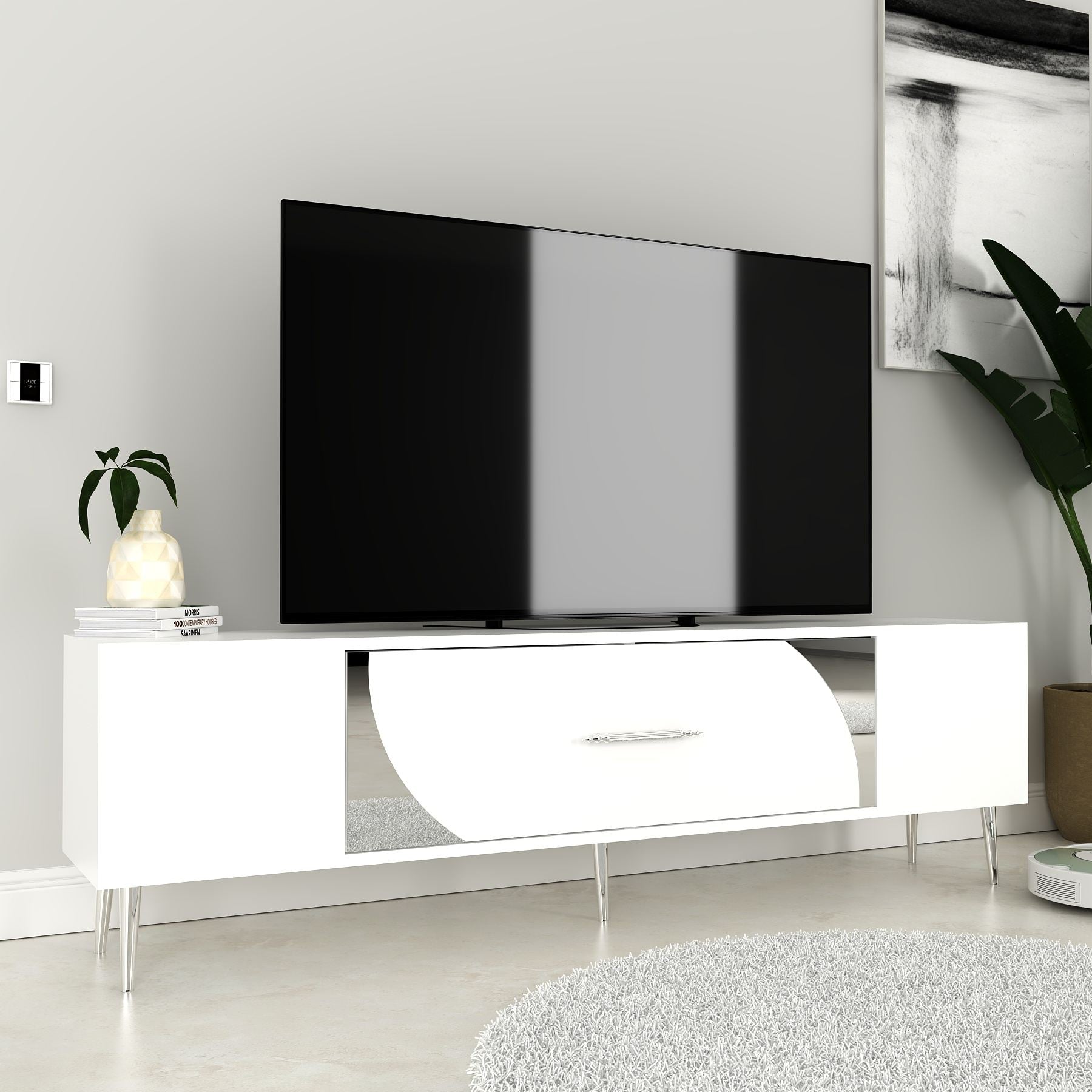 Móvel de TV – 150 cm x 48.2 cm x 29.6 cm – Branco e Prata – Painel de Partículas Revestido a Melamina