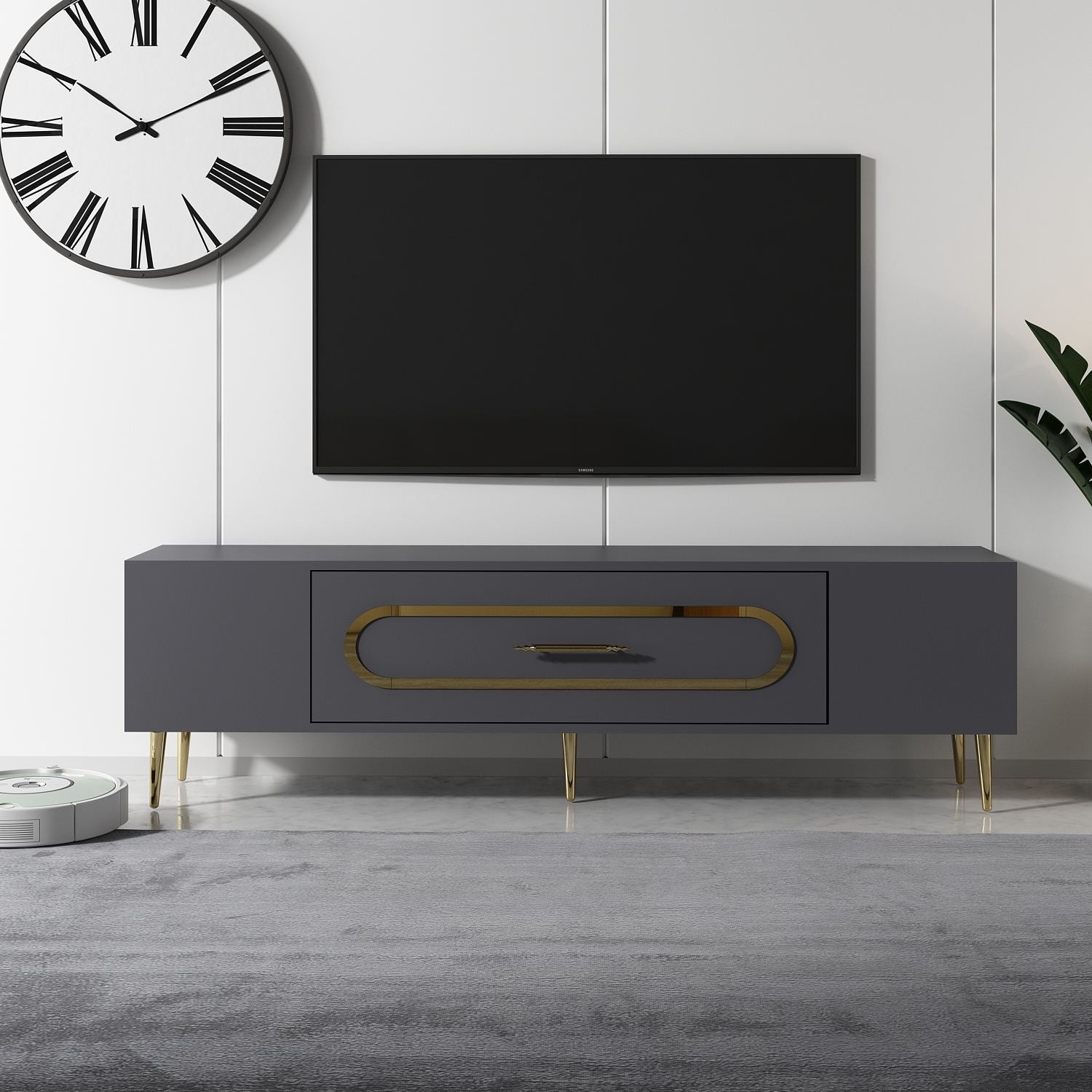 Móvel de TV – 150 cm x 48,2 cm x 29,6 cm – Antracite e Dourado – Painéis de partículas revestidos a melamina