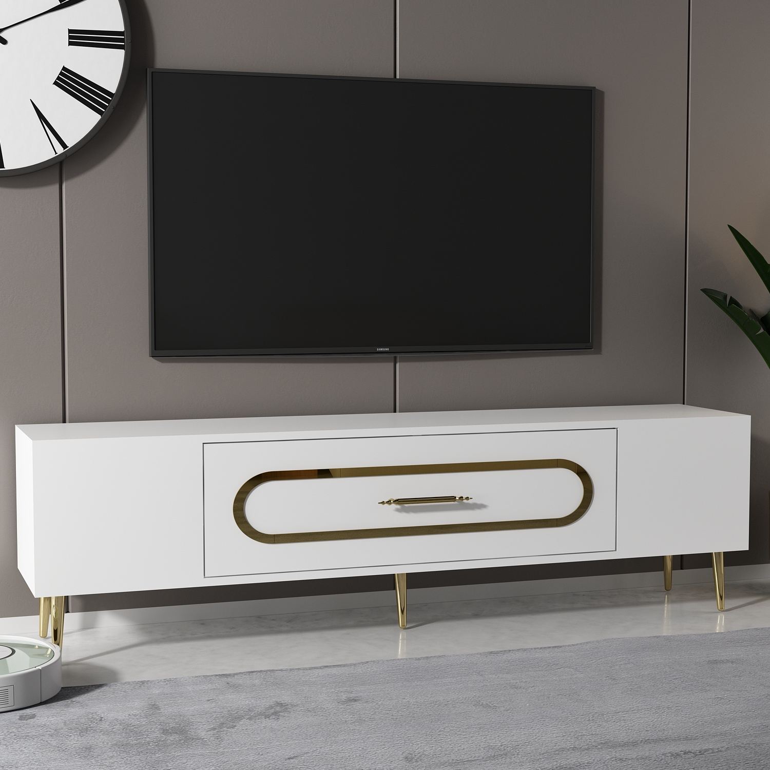 Móvel de TV – 150 cm x 48,2 cm x 29,6 cm – Branco e Dourado – Melamina