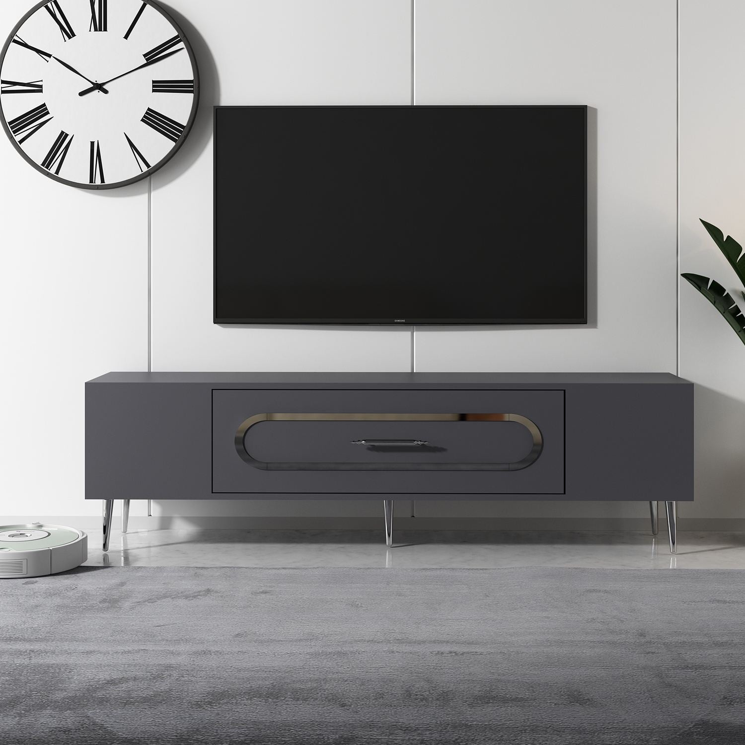 Móvel de TV – 150 cm x 48,2 cm x 29,6 cm – Antracite e Prata – 100% painel de partículas revestido a melamina