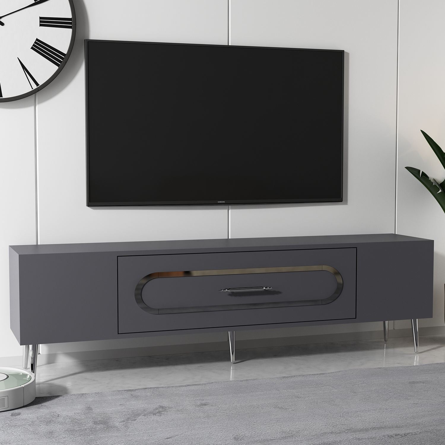 Móvel de TV – 150 cm x 48,2 cm x 29,6 cm – Antracite e Prata – 100% painel de partículas revestido a melamina